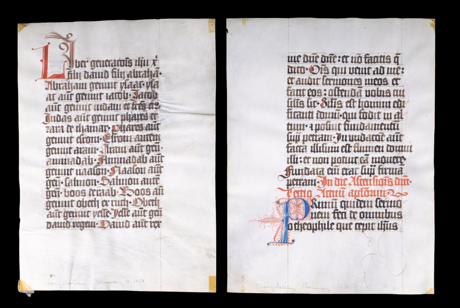 Illuminated Manuscript Pages on Paper, Germany: Two illuminated manuscript pages on paper, identified as originating from an Evangelarium, Germany, circa 1450. Text is in black ink with decorative initials in red and blue ink. From a private antiqu