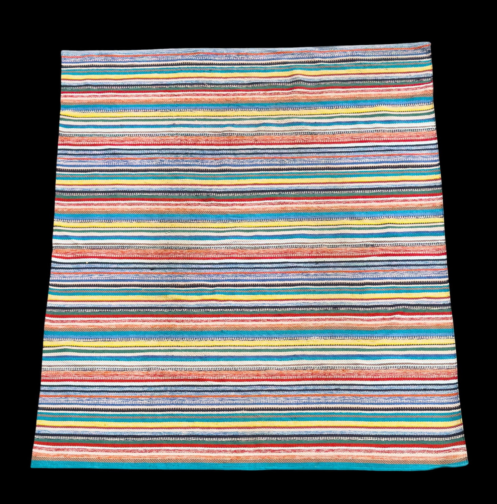 Multicolor Turkish Kilim: Turkish Kilim featuring a multicolor striped design. Measures approx. 7'8" x 9'9".