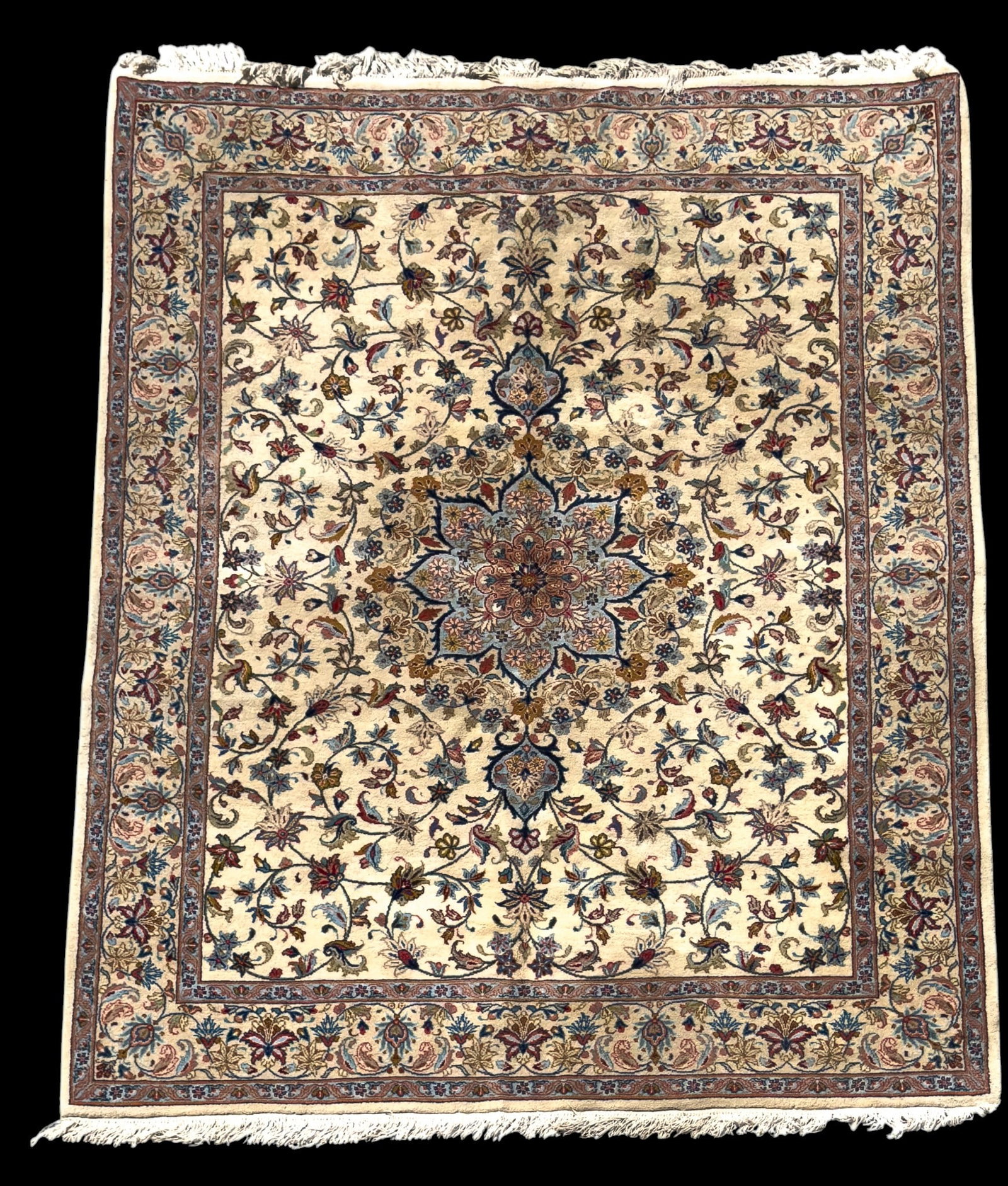 Persian Rug: Persian area rug with an ivory tone field and central floral medallion. Measures approx. 8'4" x 6.5'.