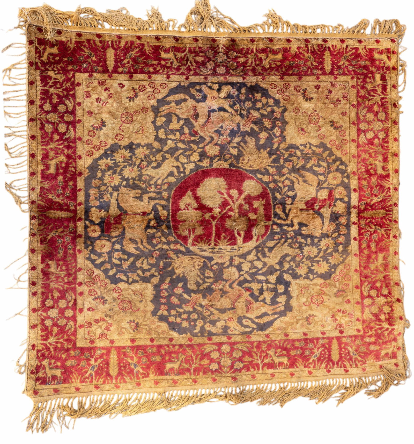Antique Silk Turkish Hunting Rug: Finely woven antique (all silk) Turkish hunting rug. Measures approx. square at 4'1" x 4'5". Center has trees and riders on horses around it.