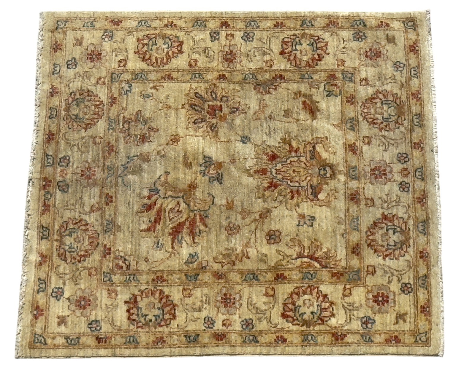 Turkish Oushak Square Rug: Turkish Oushak square rug with red and blue floral motifs. Measures approx. 3'5" square.