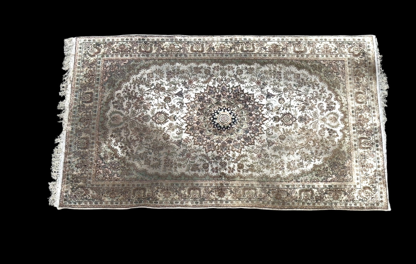 Persian Silk Tabriz Area Rug: Persian silk Tabriz area rug with a beige field. Measures approx. 6' x 9'.