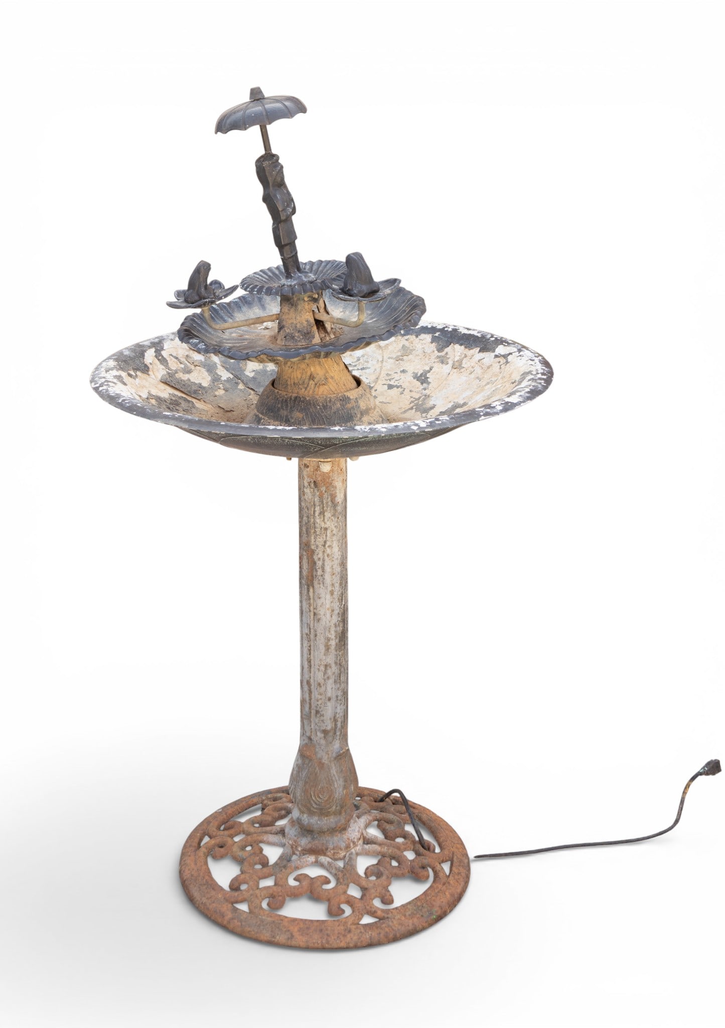 Metal Water Fountain with Decorative Base: Metal water fountain featuring a tiered design with a central figure under an umbrella. Measures approximately 48 inches tall to the highest point and 26.75 inches in diameter at its widest point. The