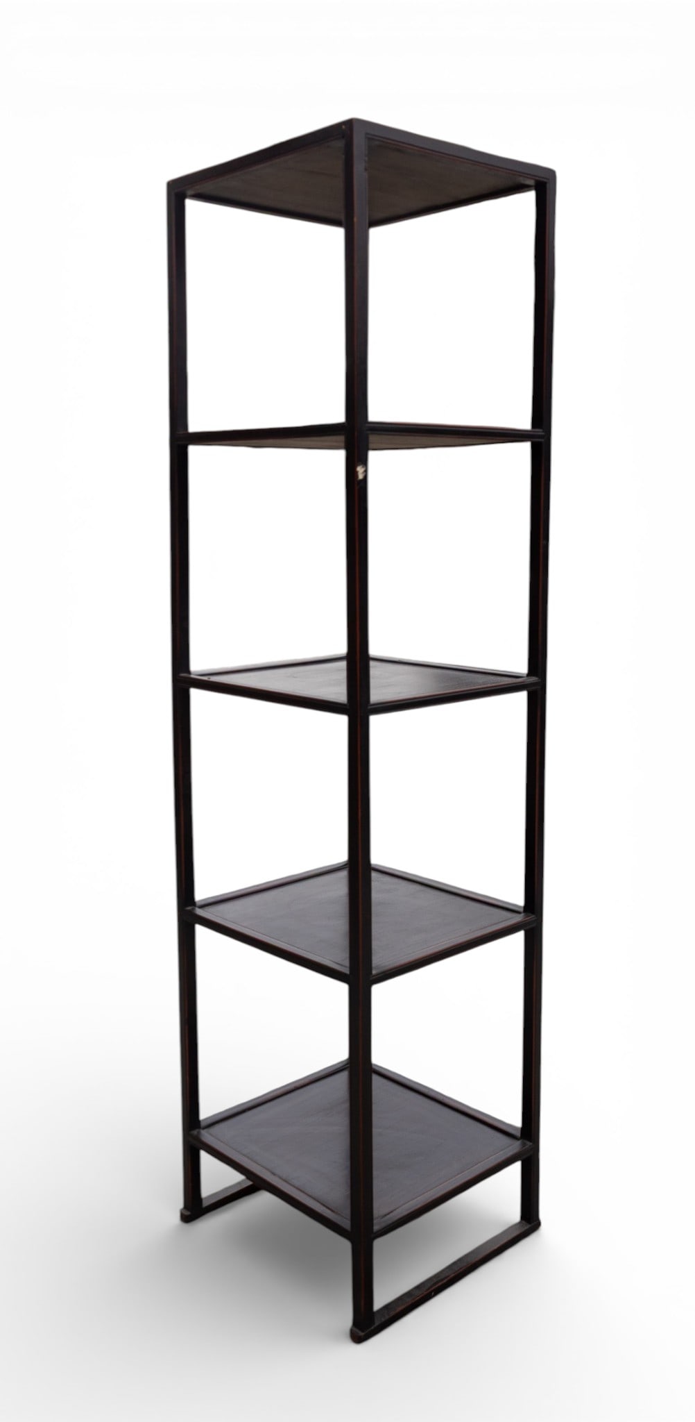 Rare Korean Four-Tier Wooden Book Shelf / Etagere: 5.5' H black wooden shelf unit with four tiers. Each shelf surface is flat, and the overall design is rectangular with clean, straightforward lines. The piece stands on four vertical supports and has 