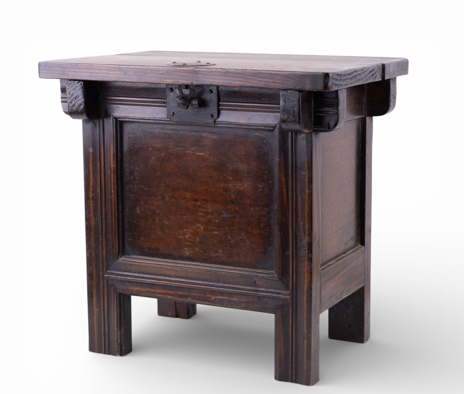 Korean Sesame Chest: Wooden sesame chest featuring a removable lid and sturdy construction. The chest has paneled sides and stands on four solid legs. It incorporates a latch mechanism on the lid. Measures approx. 15.5" H