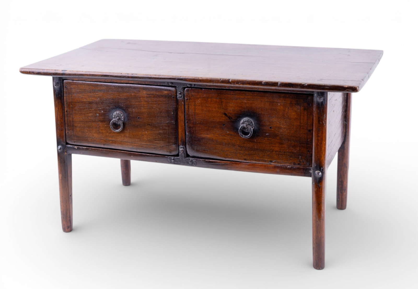 19th C Korean Scholar's Table: Antique / 19th century scholar's table, with iron edge details, two drawers and iron ring pull handles. Some loss. Measures approx. 21.25" W x 12.25" D x 11.5" H. A low-profile wooden desk used by Con