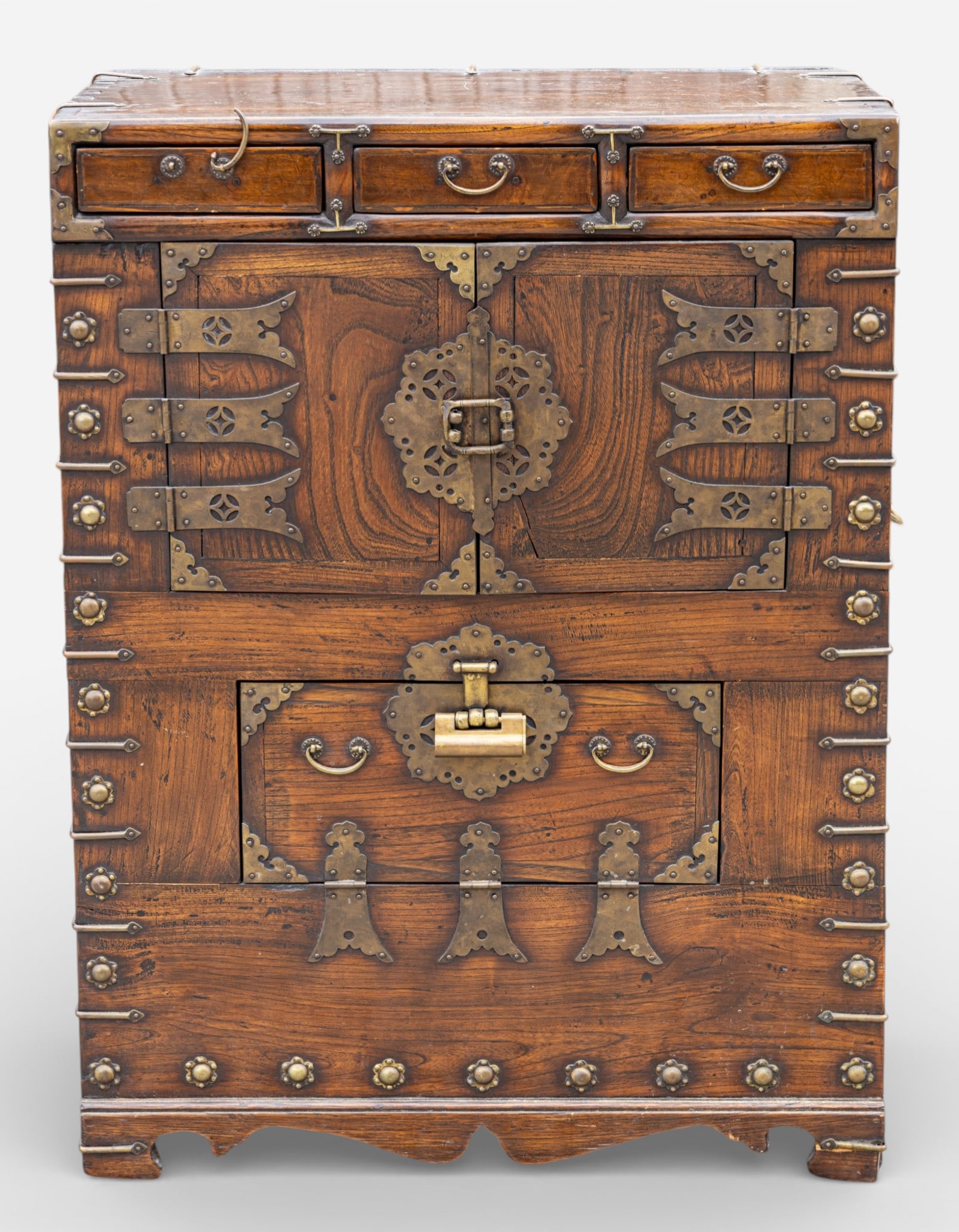 Antique Korean Jeon-Ju Chest: Antique Jeon-Ju chest measuring 31" H x 23" W x 12.5" D. Crafted from wood with visible joinery, the chest features intricate brass hardware, including handles, hinges, and a central locking plate.