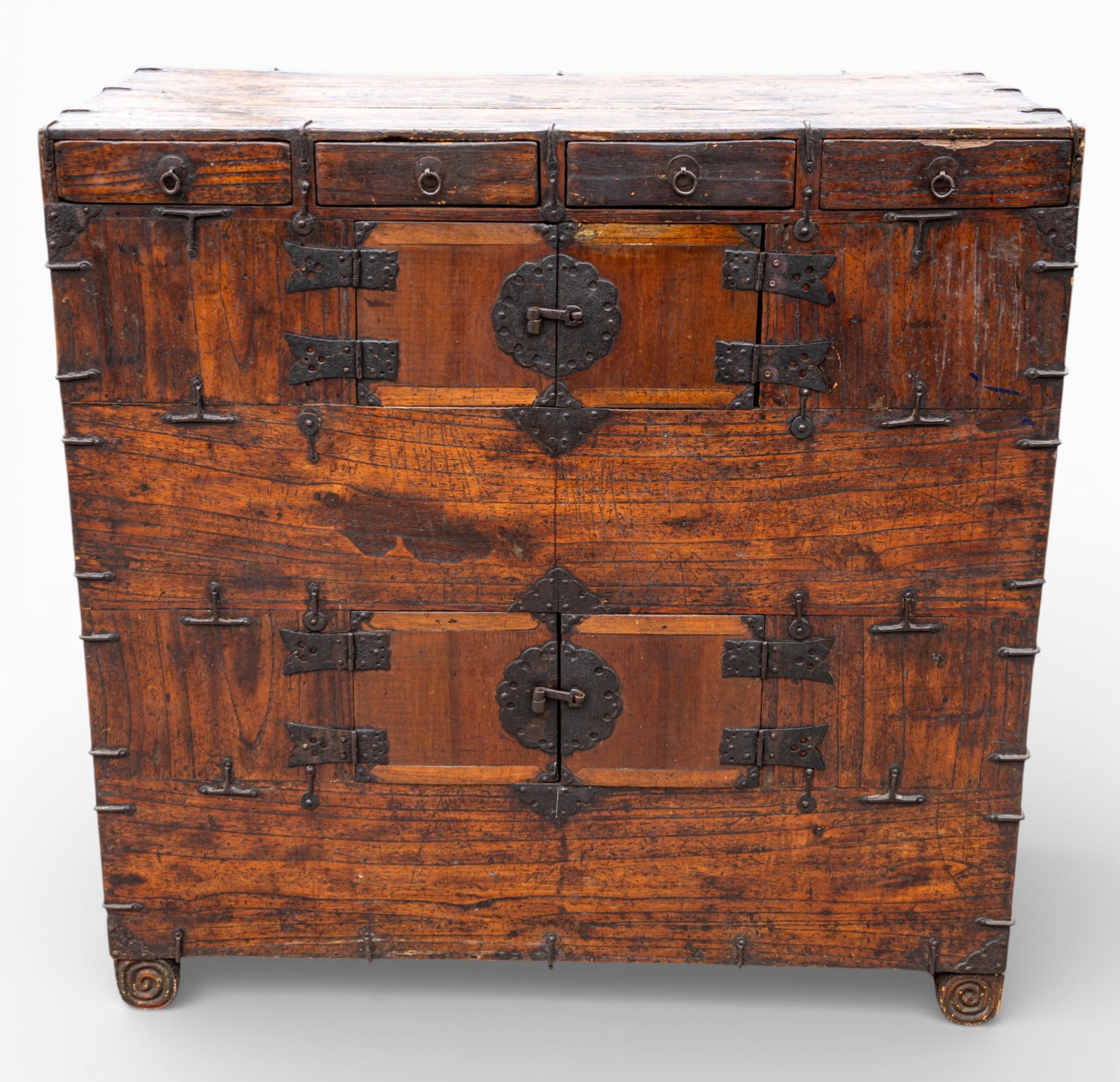 Antique Jeon-Ju Chest with Iron Hardware: Antique Jeon-Ju chest / book chest measuring 40.25? H x 40? W x 19.5? D. Constructed from wood with iron hardware, featuring four small upper drawers and two larger compartments with hinged front door