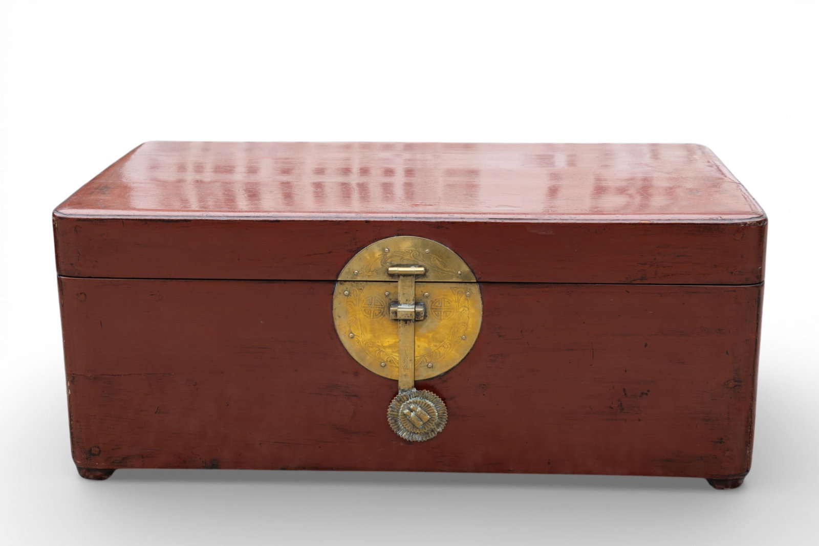 Rare 19th C Korean Royal Red Lacquer Box: Large size rare 19th Century Korean royal red lacquer box featuring a rectangular structure with brass hardware, including ornate lock fixtures and strap-like details. Exterior showcases rich red