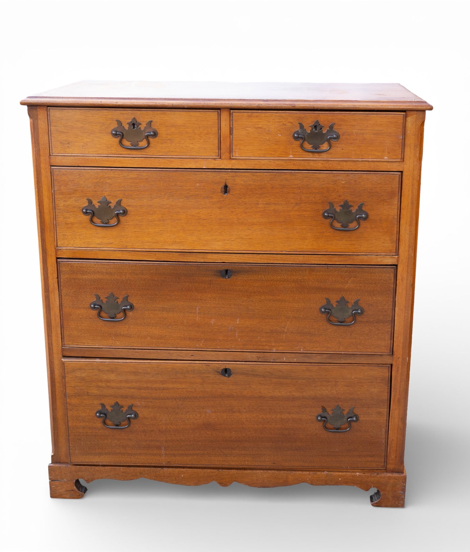 19th C Period 2 Over 3 Chest: 19th century mahogany 2 over 3 chest of drawers, with metal pulls. 2 smaller drawers over 3 larger dovetailed drawers. Good narrow size. Measures approx. 36" H x 32" W x 17" D.