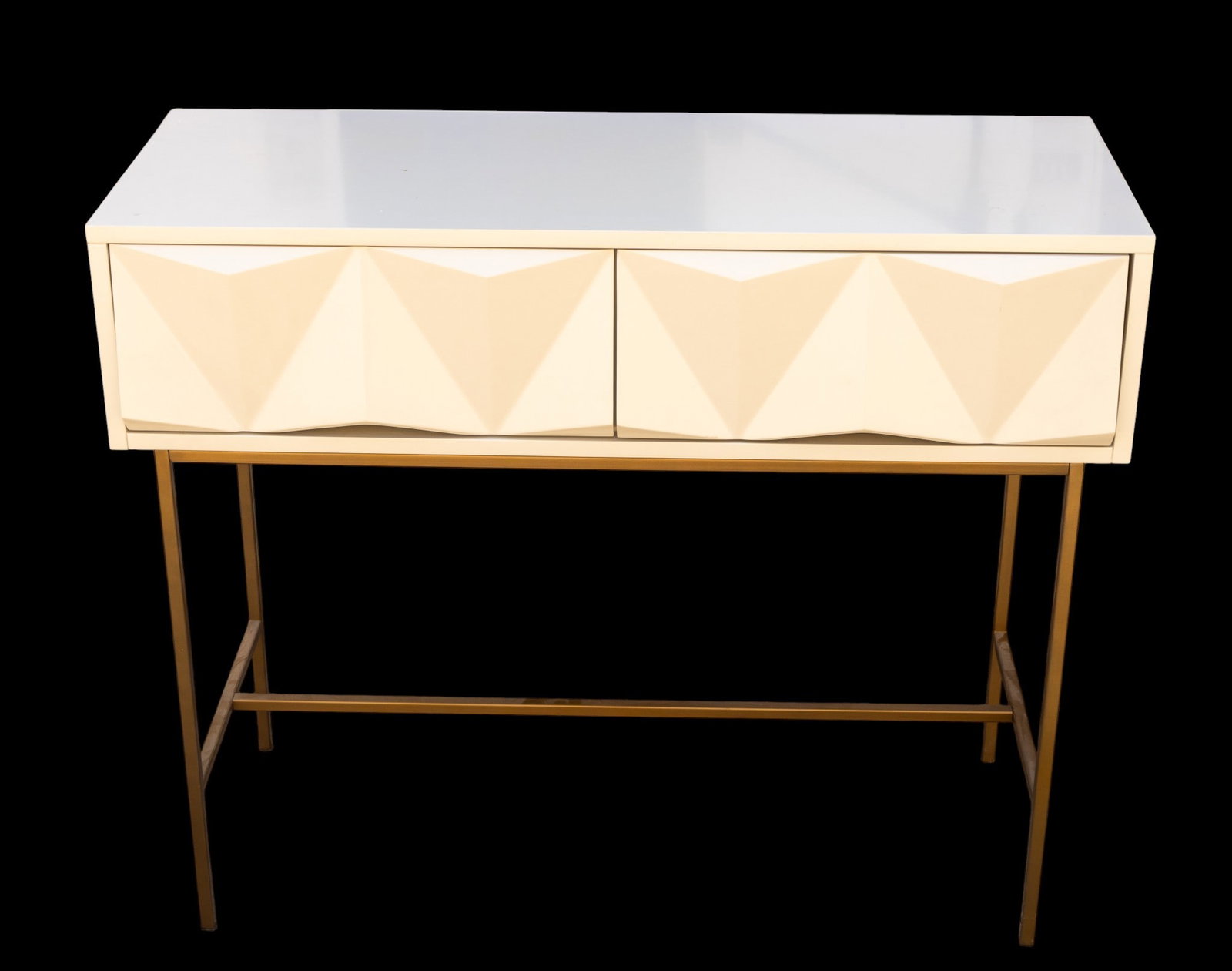 Mid-Century Modern Table with Two Drawers: Mid-century modern table featuring two drawers with a geometric design on the front panels. The table has a white finished top and drawers, supported by a brass-tone metal base with a minimalist frame