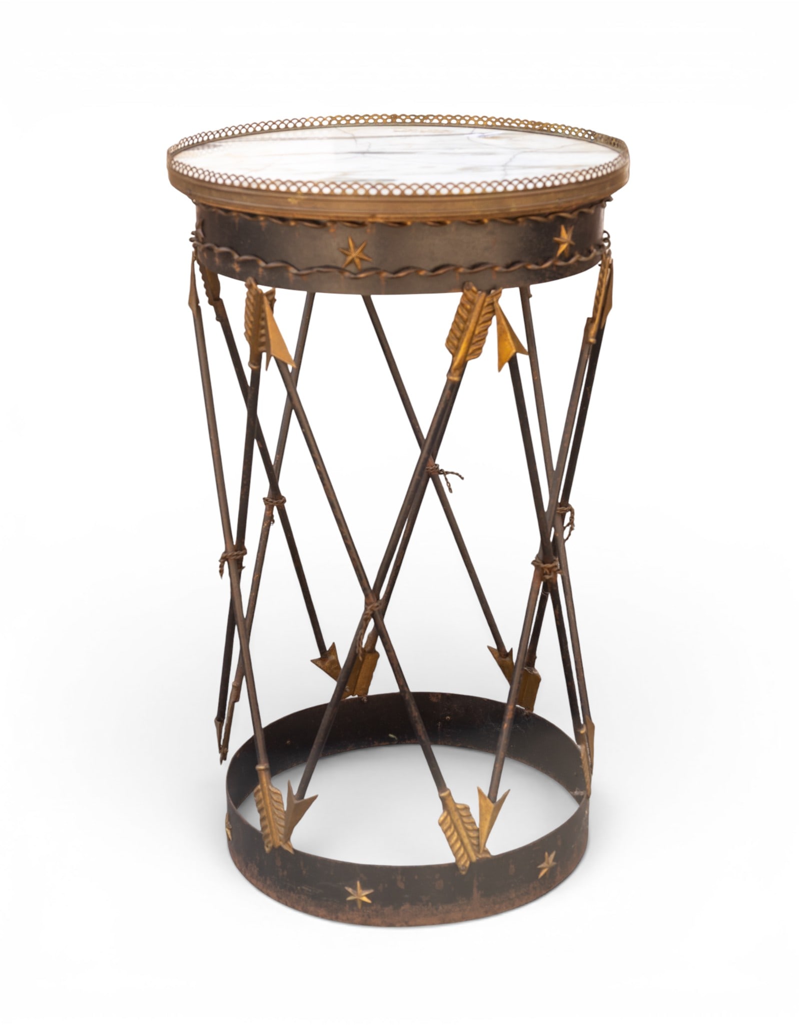 Italian Marble Top Table with Metal Base: Round Italian marble top table featuring a white marble surface with visible gray veining. Supported by an intricate metal base with arrow detailing and decorative latticework. The table edge includes
