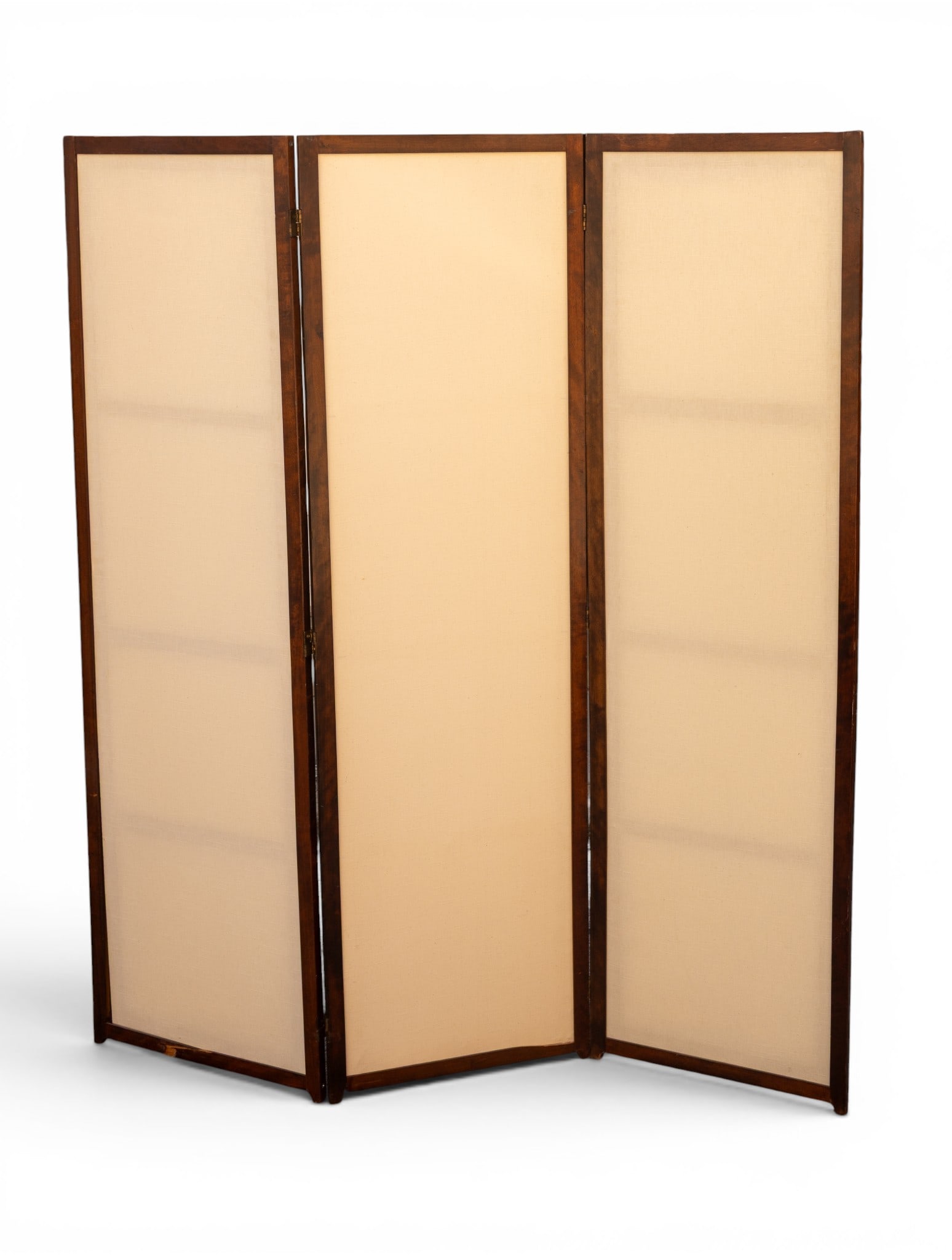 Modern Wood and Canvas Room Screen: A modern style dark wood frame and canvas 3-panel room screen partition. Each panel measures approx. 19.5" W x 67.5" H. Pick up must be completed within two weeks from auction, or storage fees will in