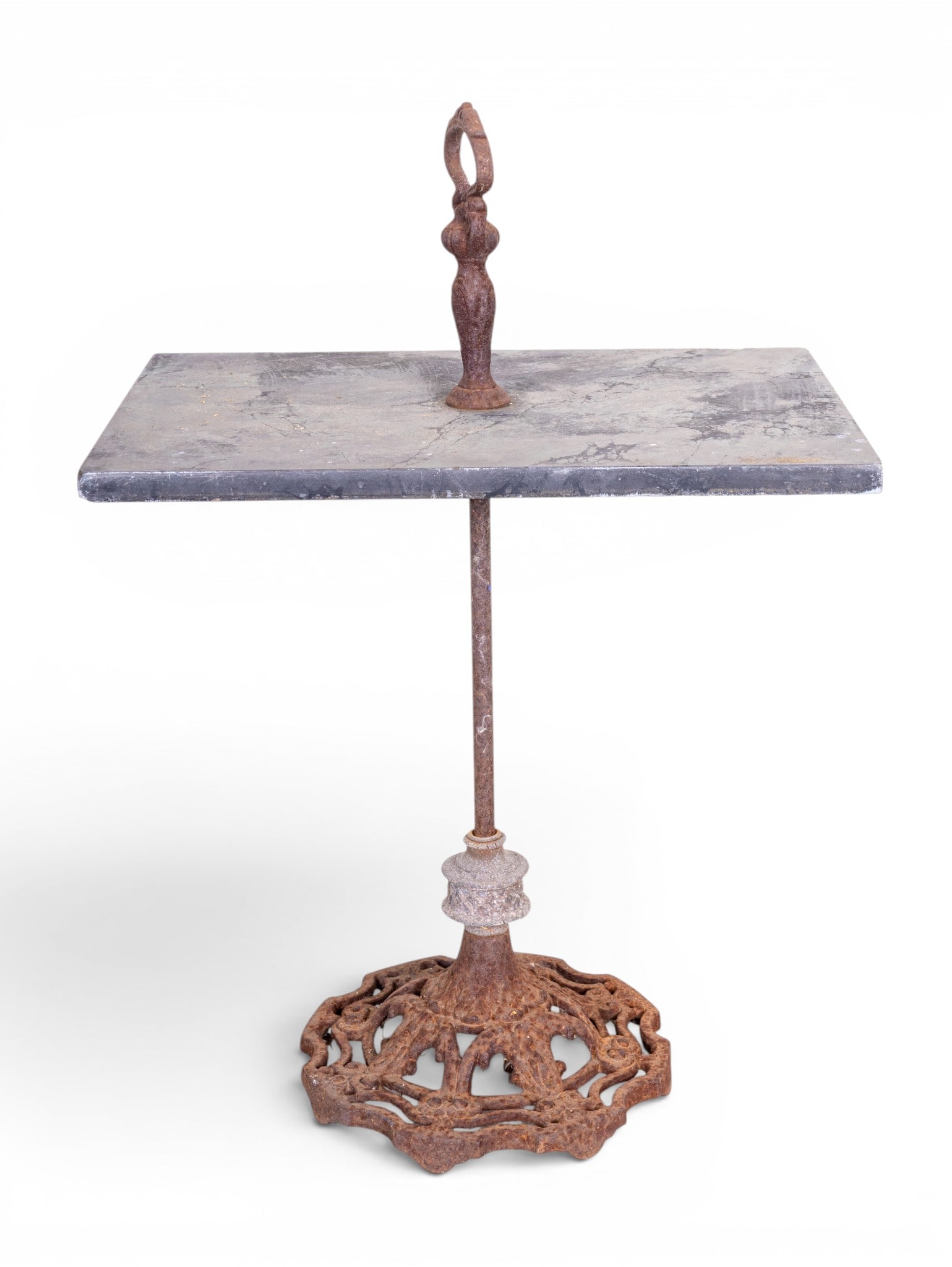 Antique Slate and Iron Smoking Table: An antique smoking table featuring a faux marble painted slate slab and reticulated cast iron pedestal and base. Note chips and heavy oxidization. Measures approx. 18" W x 12" D x 26" H.