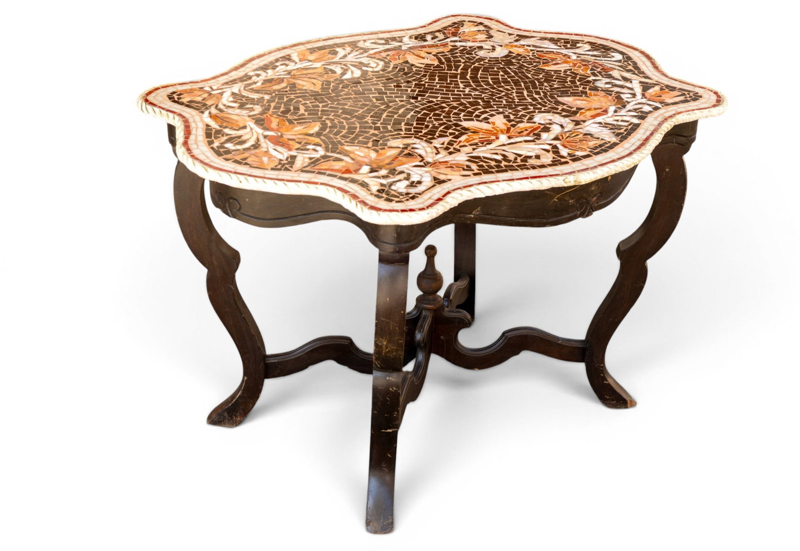 Mosaic Top Table on Victorian Wood Base: A contemporary plaster and mosaic table top resting on an older Victorian wood base, measures approx. 38" W x 29" D x 24" H, table top thickness is approx. 1" D.