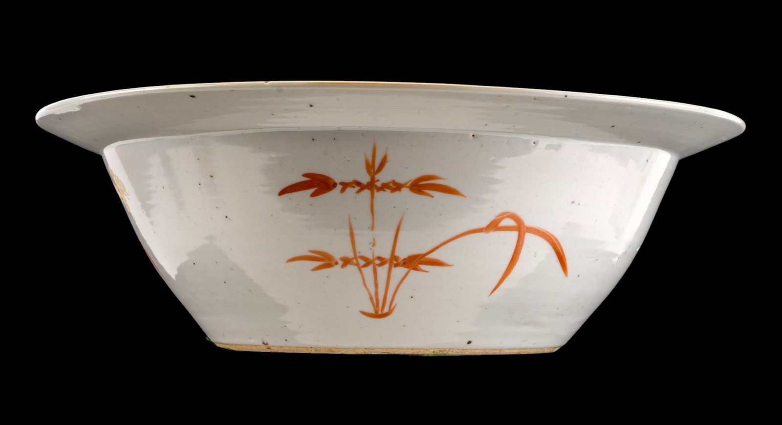 Large Chinese Famille Rose Porcelain Bowl: Large Chinese porcelain bowl decorated in Famille rose enamels, featuring a central peony bloom surrounded by auspicious objects and floral motifs. Brightly enameled border in pink, yellow, and turquo