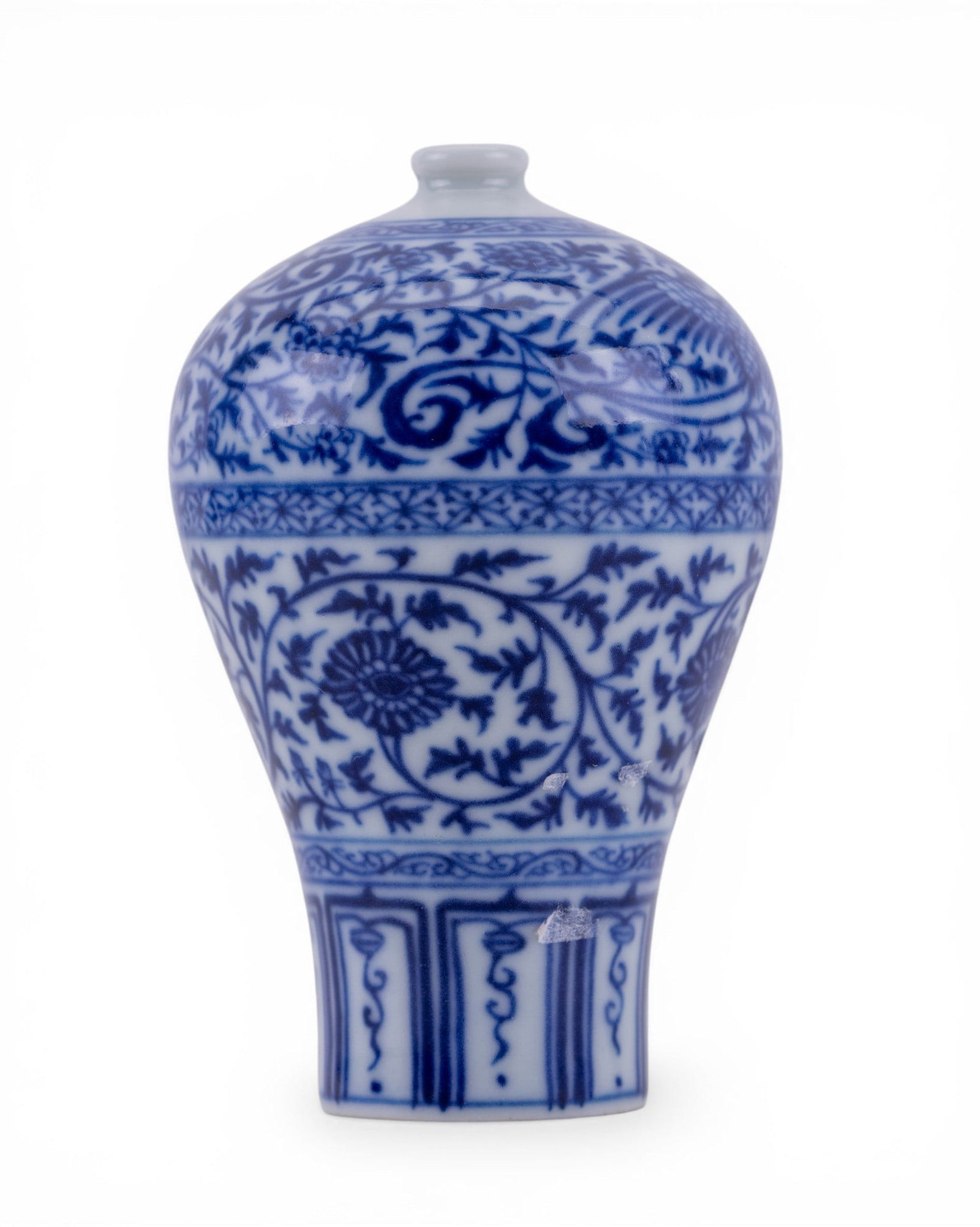 Chinese Blue & White Miniature Cabinet Vase: Small Chinese porcelain cabinet vase of baluster form, decorated in underglaze blue wiht dense floral scrollwork and geometric banding. Base bears a 3-character mark. Measures approx. 2.25" H.