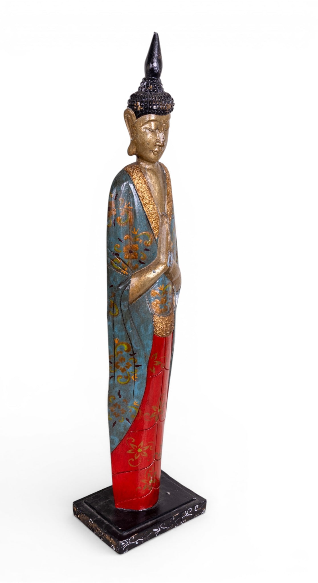 Tall Buddha Figure ~3.5' H: Decorative carved wooden figure depicting a standing Buddha in prayerful pose, hands joined at chest. Mounted on integral square base. Measures approx. 41.5" H x 9.75" W (at base) x 7" D (at base).