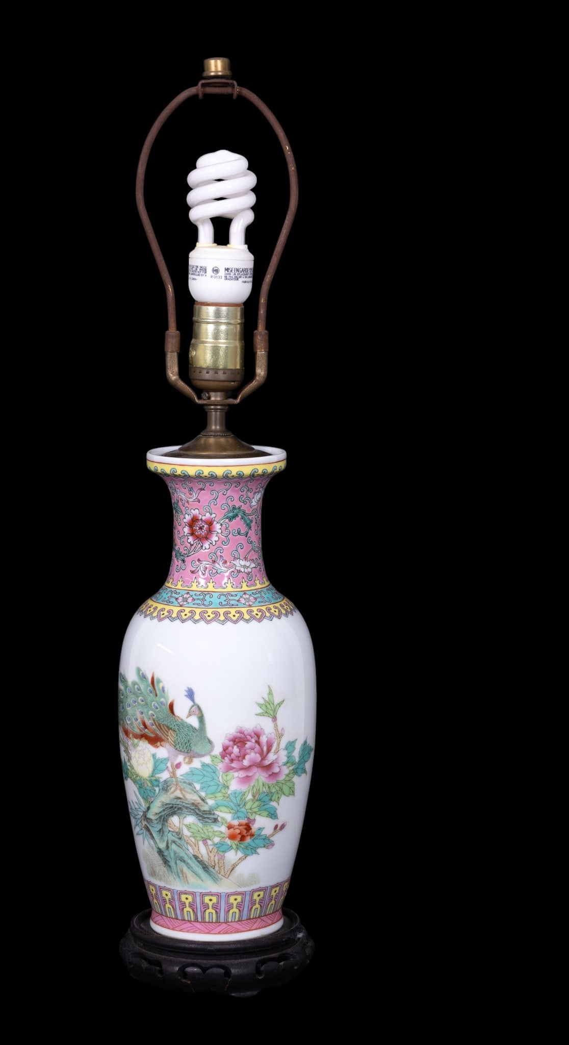 Vintage Chinese Famille Rose Vase/Lamp: A vintage Chinese blue, yellow, white and pink Famille rose vase/lamp measuring approx. 24" high. Porcelain in good condition.