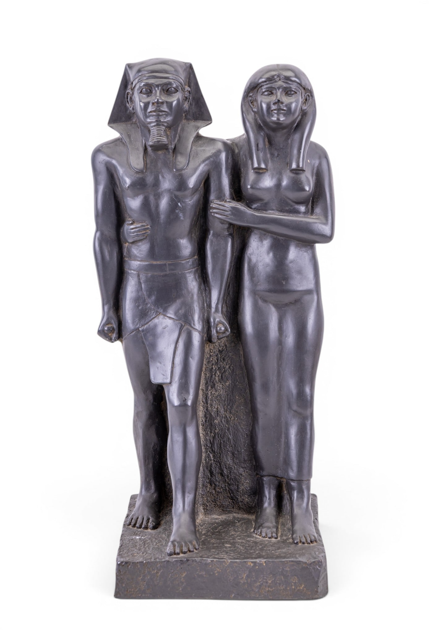 Egyptian King Menkaure MFA Ceramic Statuette: Egyptian sculpture depicting King Menkaure and wife measuring 15.5" high x 6" wide x 6.5" deep. Marked with "MFA" symbol. Item in good condition.