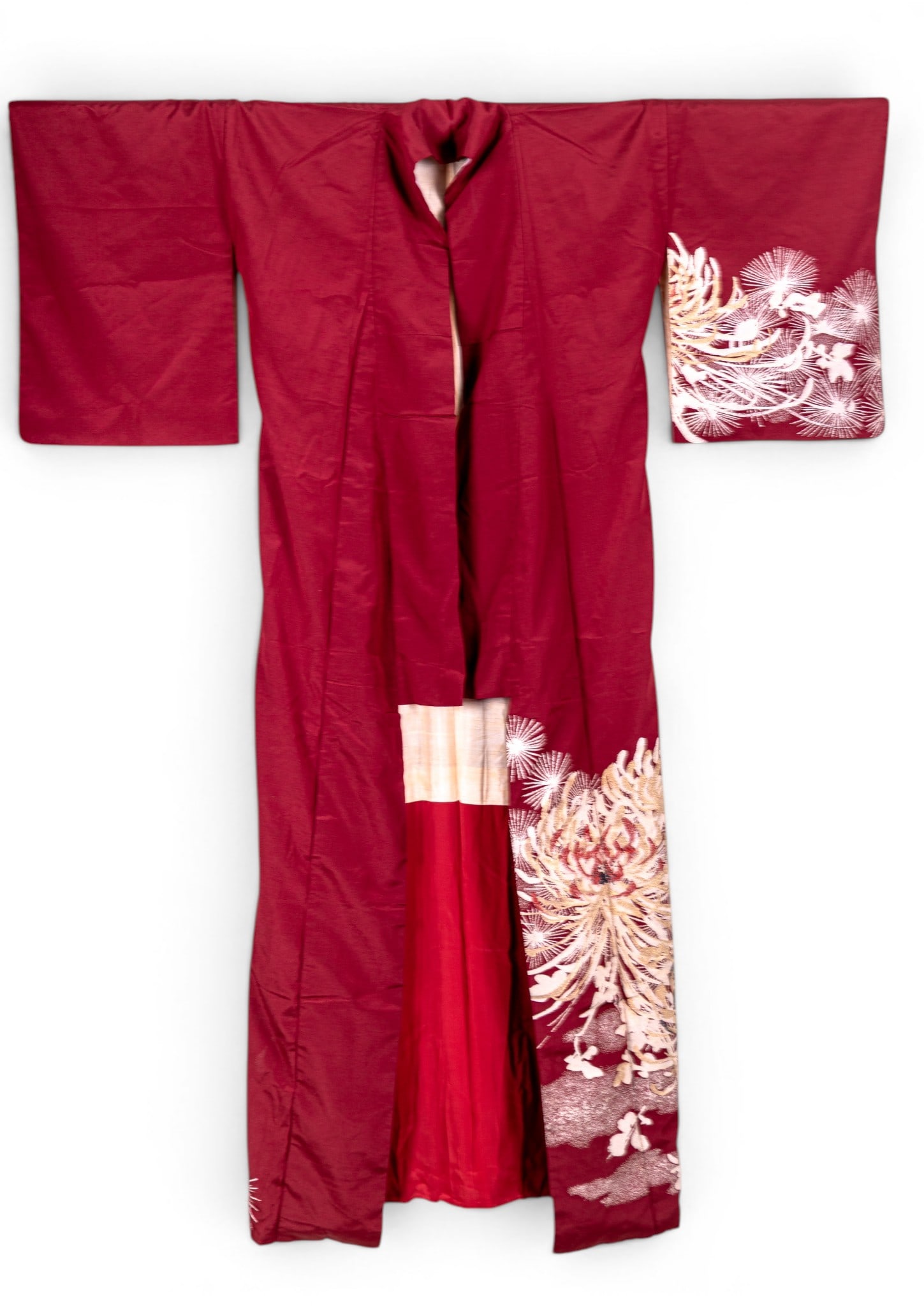 Vintage Japanese Silk Kimono (2): Two vintage Japanese silk kimono in good condition. A beige kimono with white silk lining (61" hem to collar, 52" cuff to cuff) and a red embroidered kimono with silk lining (65" hem to collar, 51" cu