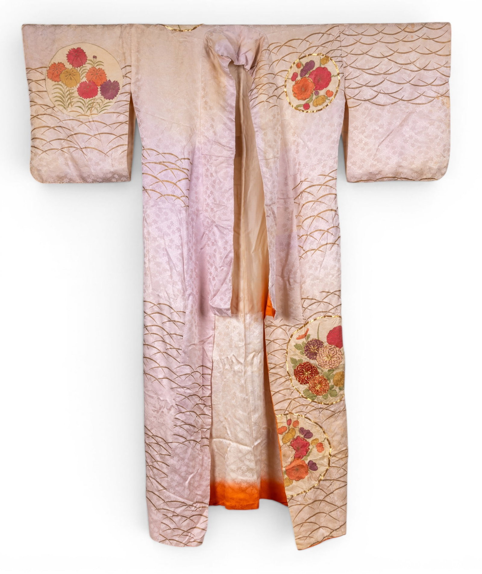 Japanese Silk Kimono w/ Metal Wirework, Embroidery: A vintage Japanese floral silk kimono with embroidery and gold tone metal wirework. Item measures approx. 62" hem to collar x 55" cuff to cuff. Item in good condition.