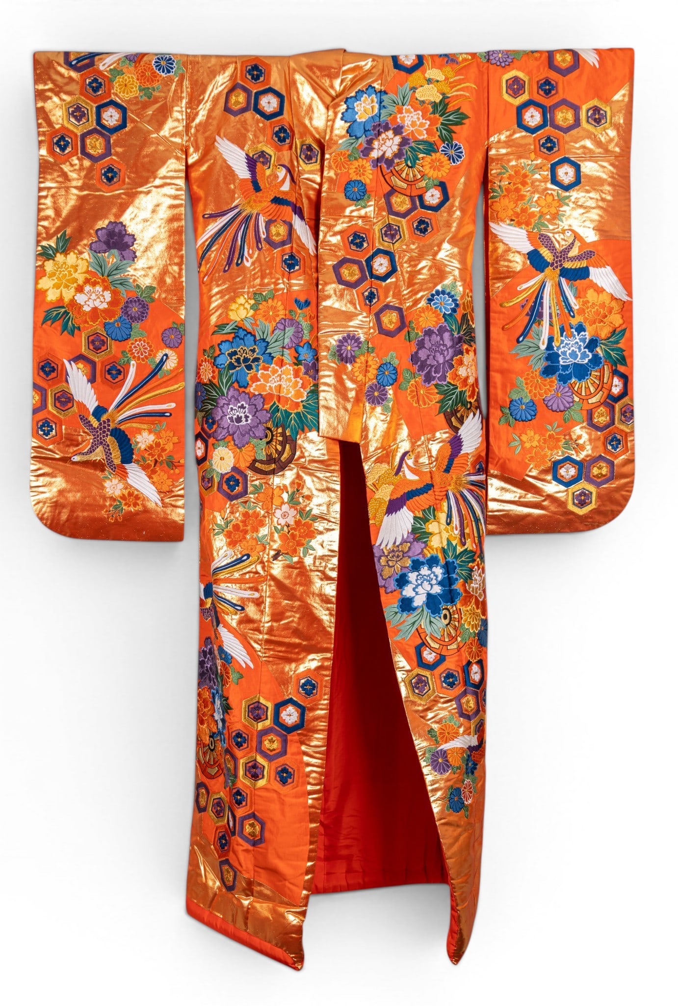 Iro-Uchikake Japanese Wedding Kimono: An Iro-Uchikake vintage Japanese wedding robe with measurements: 79" hem to collar, 48" cuff to cuff, 40" sleeve drop. Features gold brocade, orange silk, peonies, birds & more. Thick fabric. Item in 