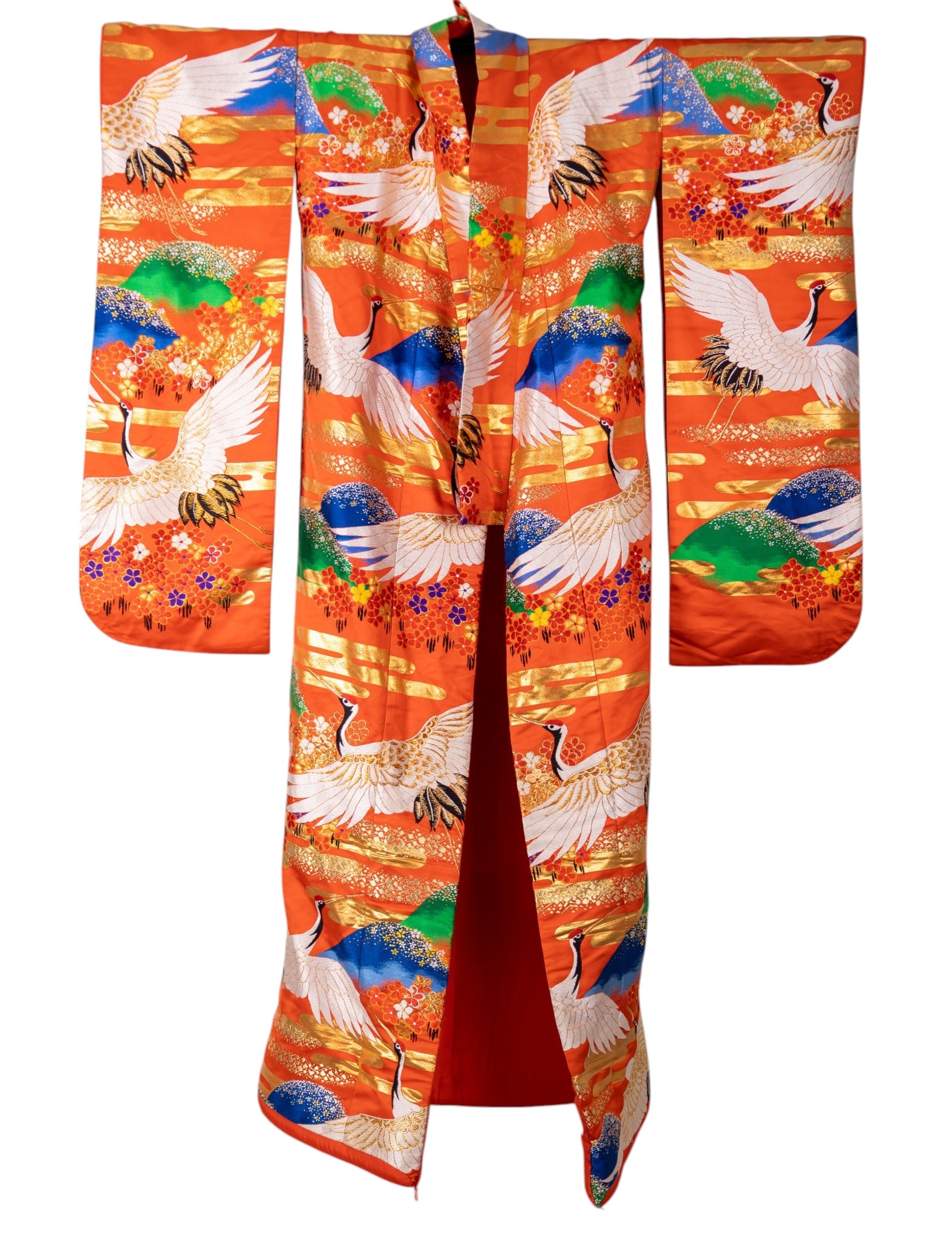 Iro-Uchikake Japanese Wedding Kimono: A vintage Iro-Uchikake Japanese wedding kimono with greens, orange silk, gold brocade, and much more on thick fabric. Item measures approx. 77" hem to collar x 50" cuff to cuff x 40" sleeve drop. Item