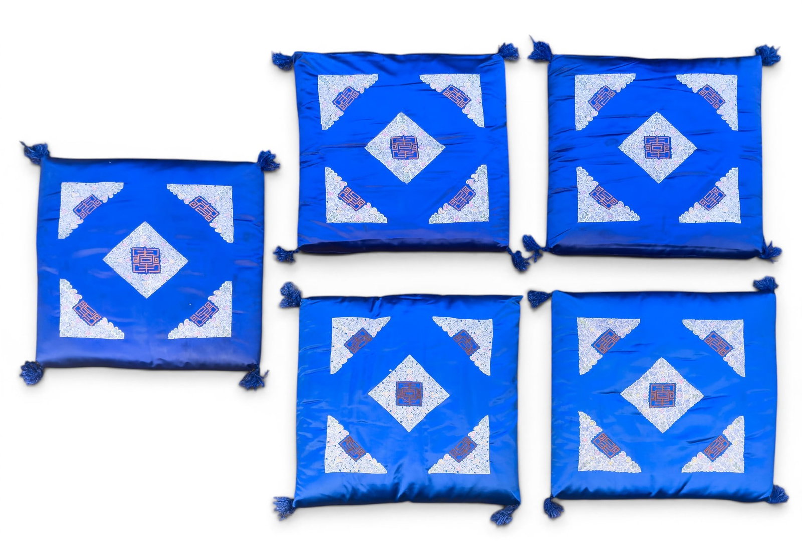 Embroidered Tea Table Blue Throw Pillows (5): Grouping of five Asian style tea table blue throw pillows with embroidered design measuring approx. 23" square.