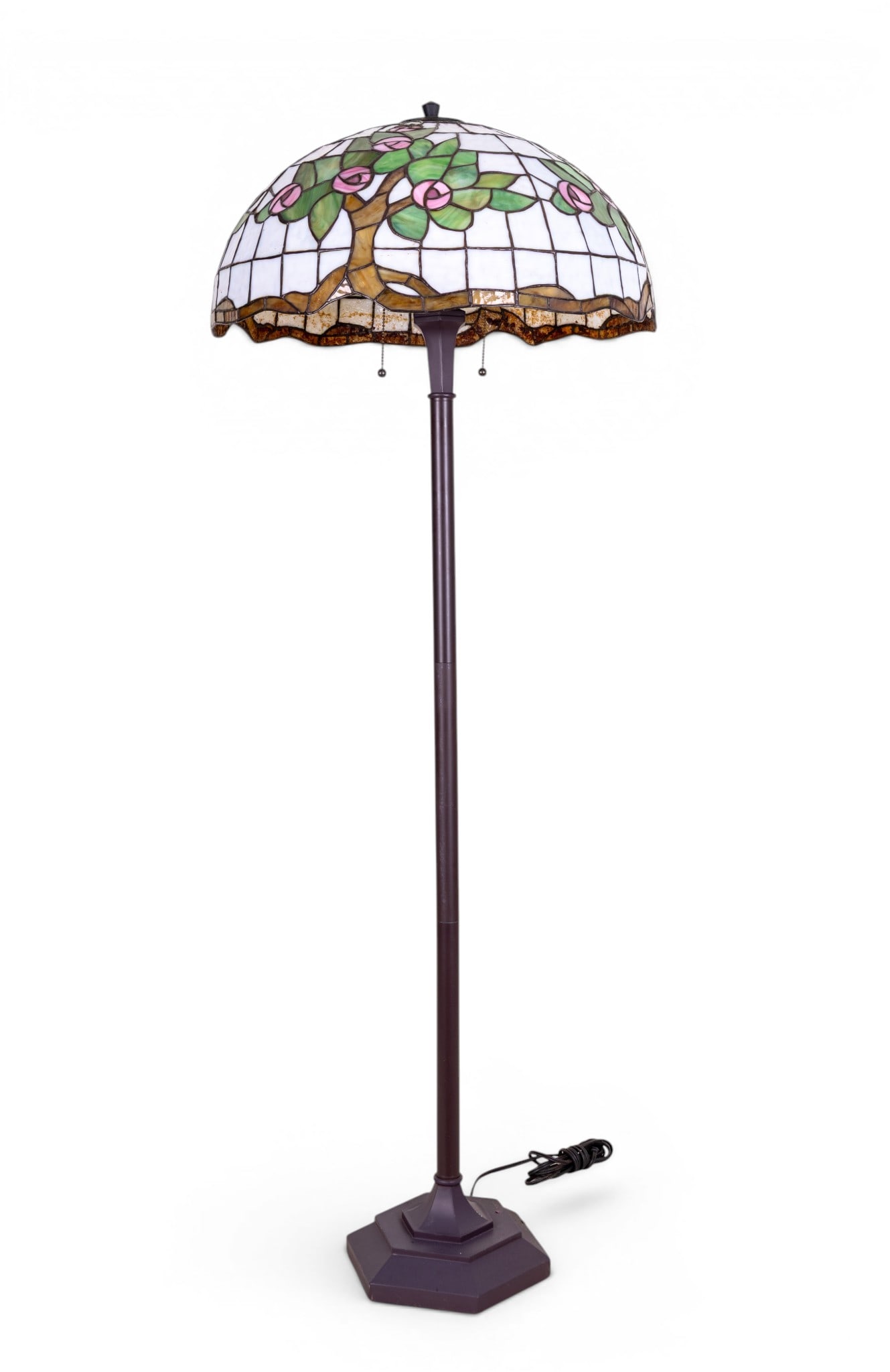 Early American Slag Leaded Glass Shade w/ Lamp: An early American slag glass lamp shade with rose motif, measuring approx. 12.5" high x 22.5" diameter. Shade is on a newer metal lamp measuring approx. 58" high.