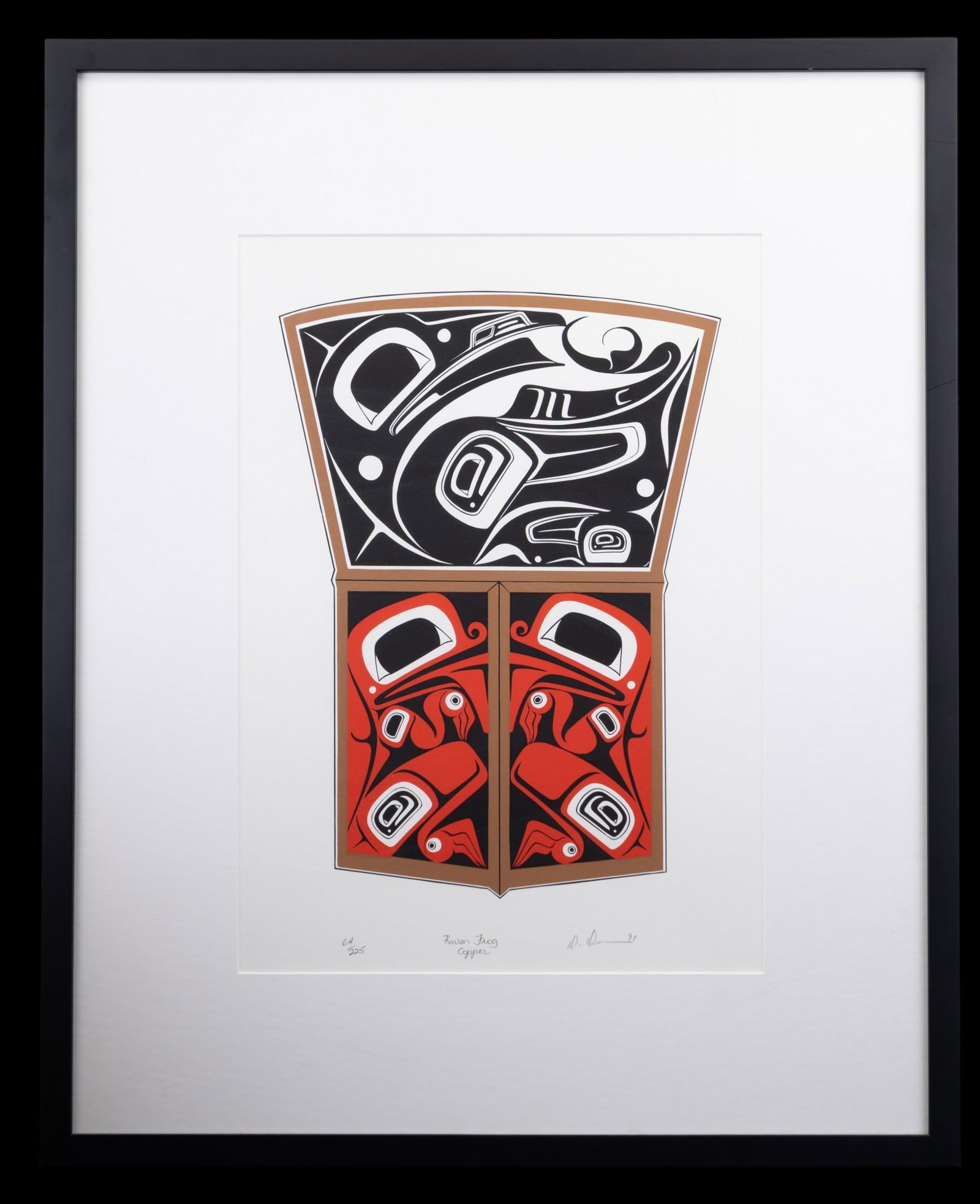 'Raven, Frog, Copper' by D. Dennis (Can 1951-2012): A pencil signed tribal Haida silkscreen print edition No. 64 of 225 dated 1991 by artist Danny Dennis (Canadian 1951-2012) titled 'Raven, Frog, Copper'. Frame measures approx. 21" W x 26" H.
