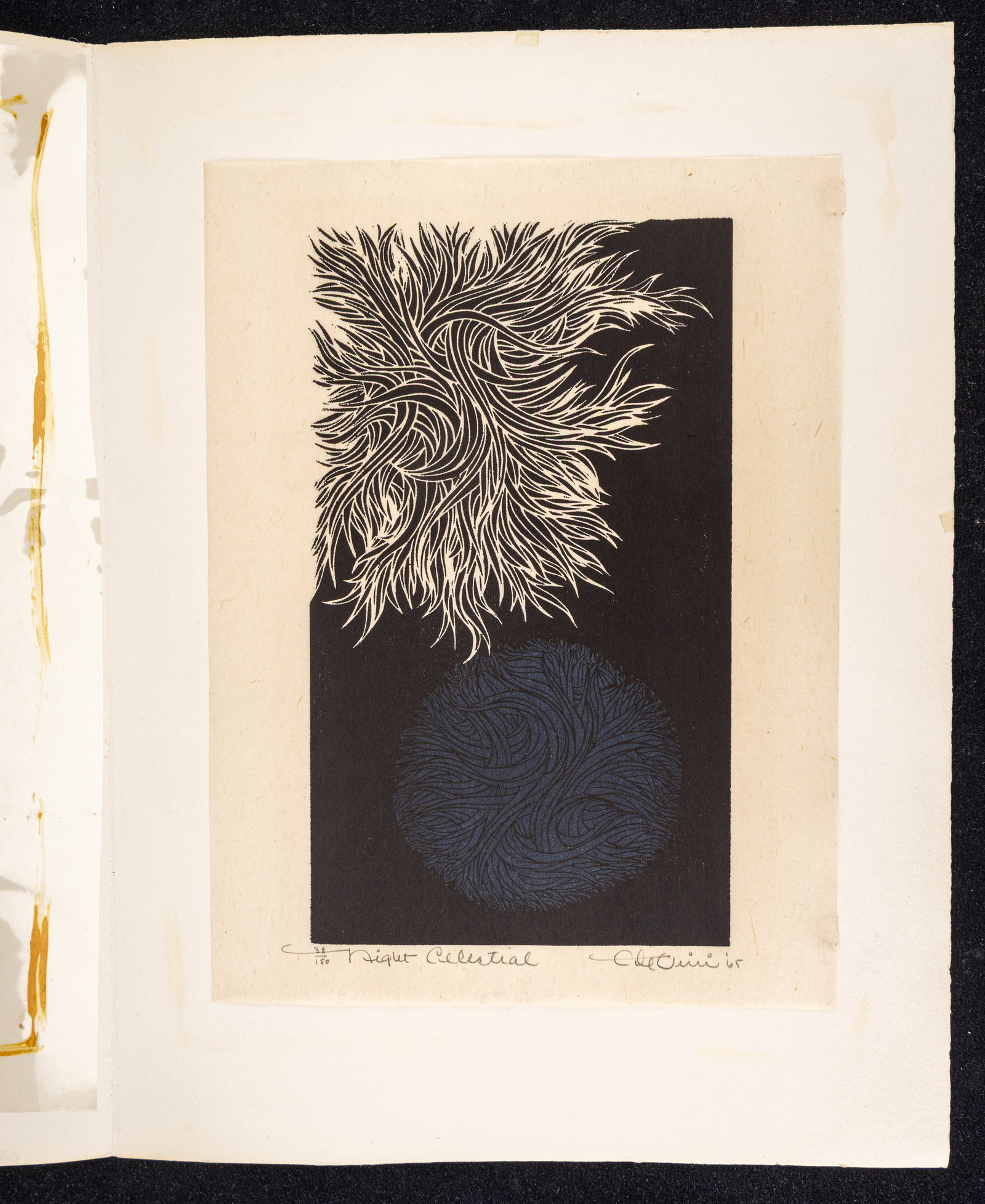 'Night Celestial' by Carmine DeVivi (Am 1929-2017): A pencil signed edition No. 38 of 150 woodcut print by Carmine DeVivi (American 1929-2017) titled "Night Celestial". This artist has featured works in the National Museum of the American Indian.