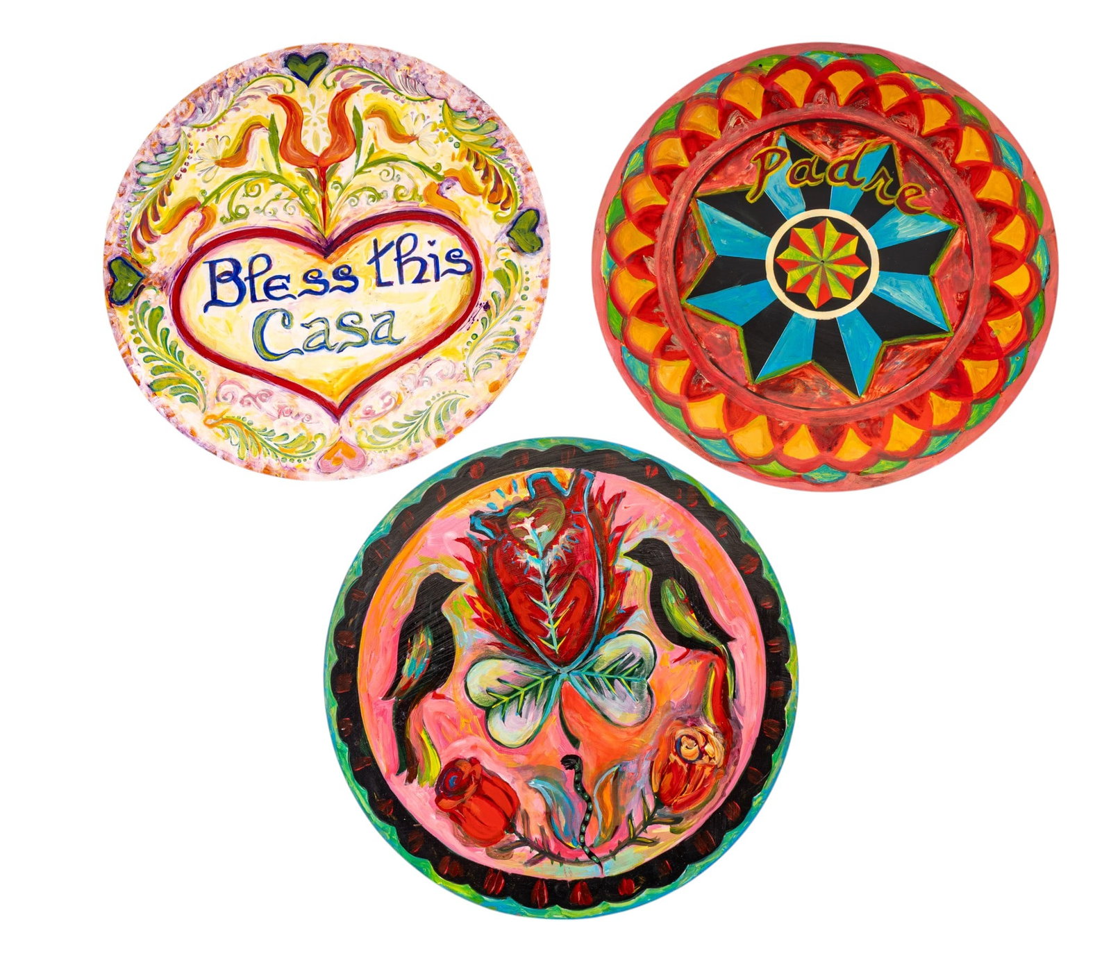 Mexican Themed Hand Painted Hex Signs: A collection of three hand painted Hex signs on masonite board featuring a blend of Mexican Otomi design motifs. All three measure approx. 15.5" diam.