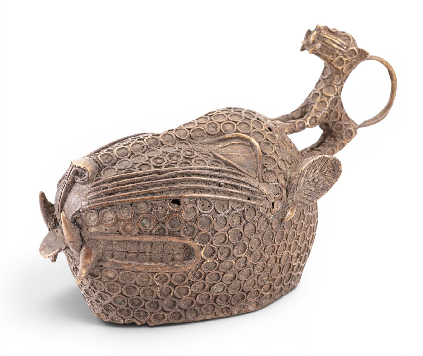 Benin Bronze Leopard Bust: An African Benin bronze hollow leopard bust with smaller leopard on the top. Note some minor loss. Measures approx. 14" L x 6.5" W x 9" H.