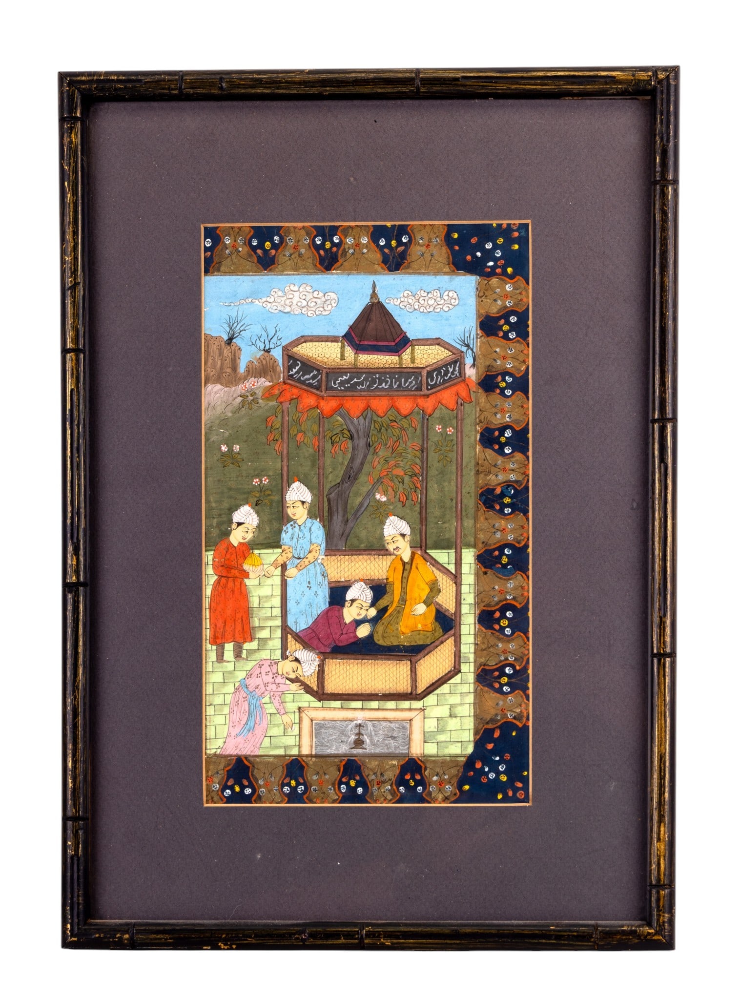 Antique Indo Persian Painting, Framed: Antique Indo Persian painting depicting a poetic scene in a black bamboo style frame. Measures approx. 12" W x 17" H,