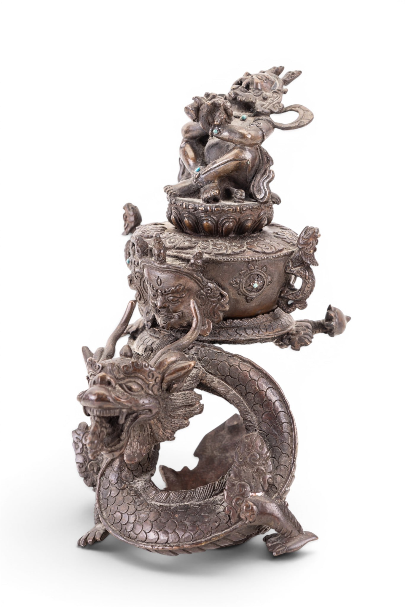 Antique Vajradaka Bronze Censer: Vajradaka censer in three separate parts that come together to form a whole unit. The top part is Vajradaka praying with stones for accent (approx. 4.5" L x 3" W x 3" D). The bowl shows a face on the