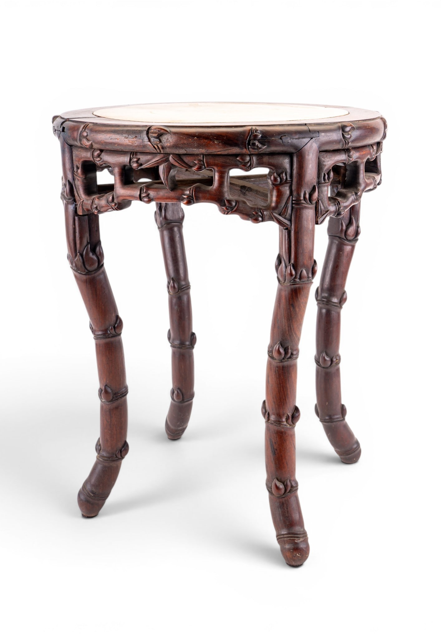 Chinese Carved Rosewood Table w/ Alabaster Inlay: A Chinese bamboo motif carved rosewood side table featuring a smooth alabaster inlay surface. Measures approx.17" W x 21" H. All furniture purchases must be picked up within two weeks from auction day