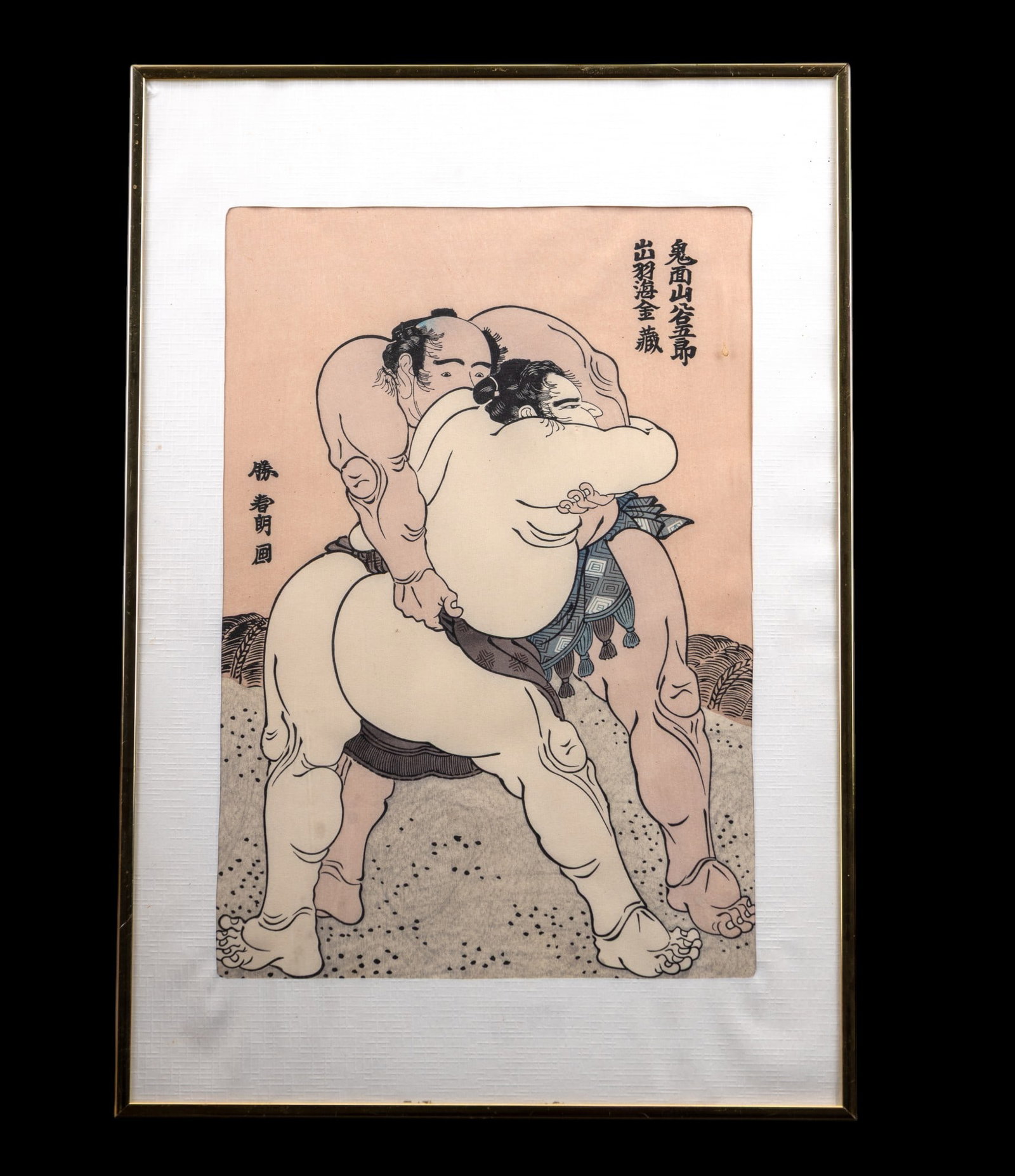 Sumo Ukiyo-e Attr. Katsushika Hokusai (1760-1849): A Japanese Ukiyo-e woodblock depicting two famous Sumo wrestlers named Kimenzan Tanigoro and Dewanioumi Kinzo. Circa Edo period, and attributed to the work of Katsushika Hokusai (Japanese 1760-1849).