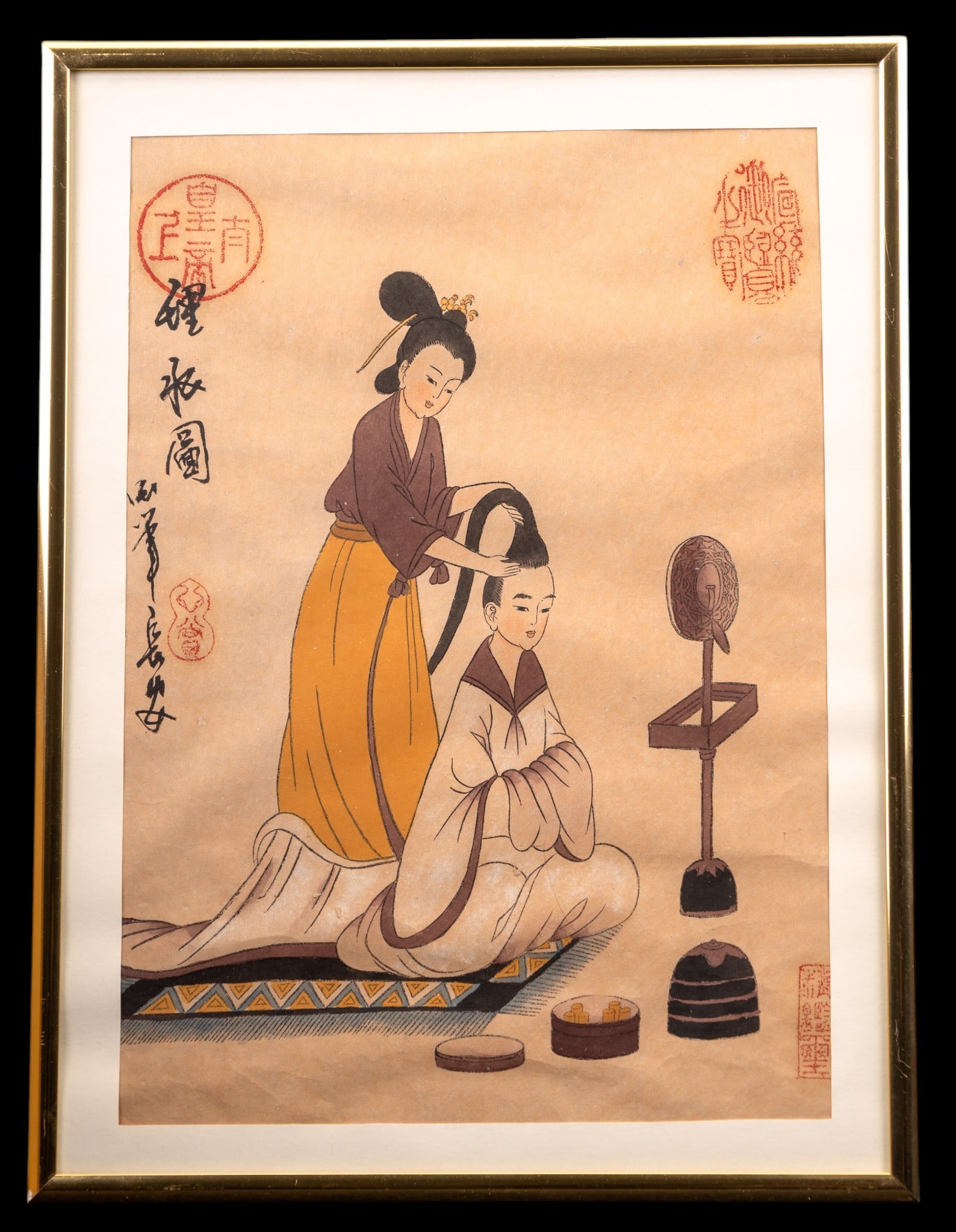 Vintage Chinese Print: A vintage Chinese print in the style of Yu Fei'an of the Qing dynasty, depicting two ladies of leisure, grooming. After the work titled 'Admonitions Scroll'. Measures approx. 12.5" W x 16.5" H.
