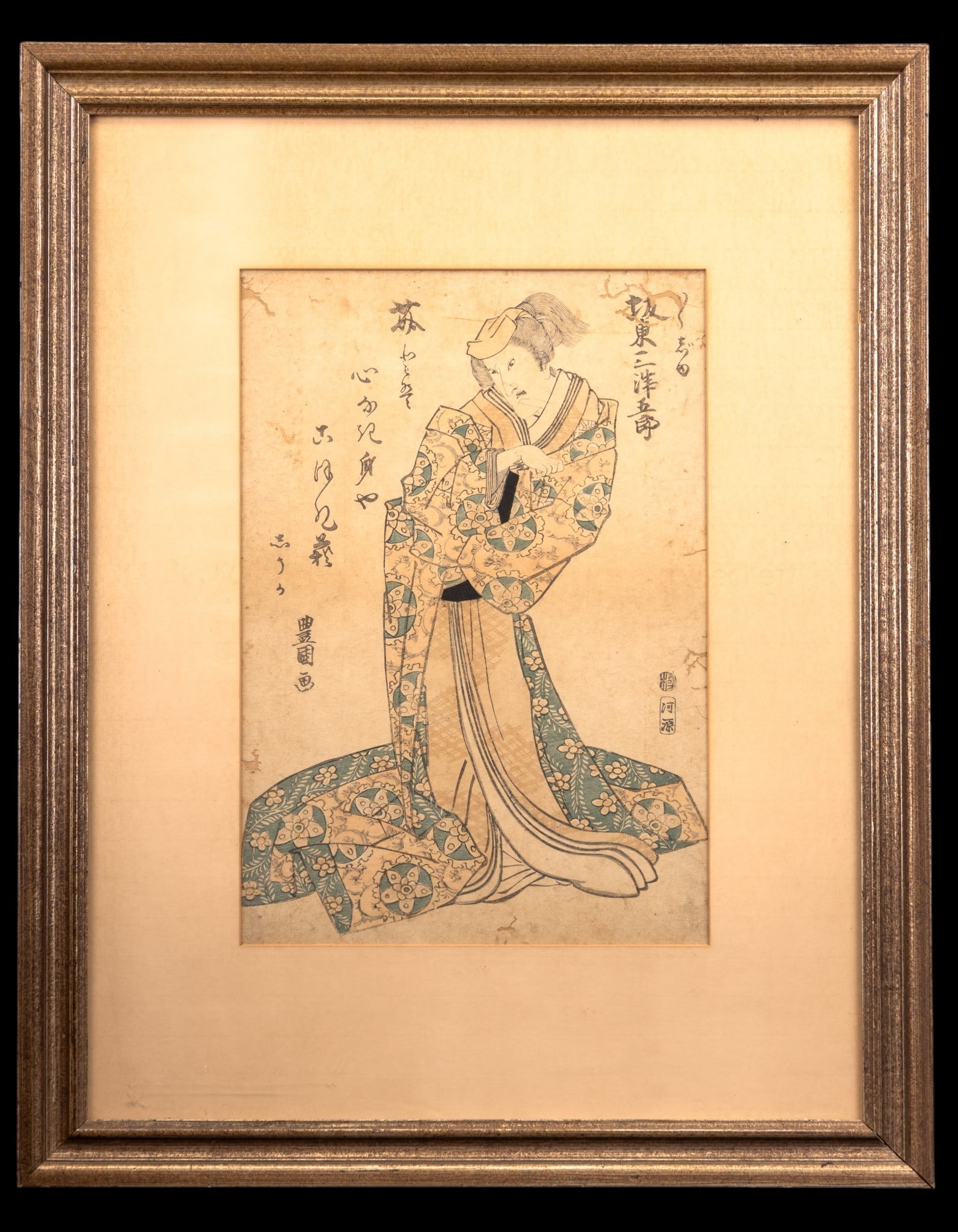 Utagawa Toyokuni (1769-1825) Kabuki Portrait: A Japanese Ukiyo-e woodblock print depicting the kabuki actor Bando Mitsugoro III as Kakuju (c. 1812) After Utagawa Toyokuni (Japanese 1769-1825). Frame measures approx. 19.25" W x 24.5" H.
