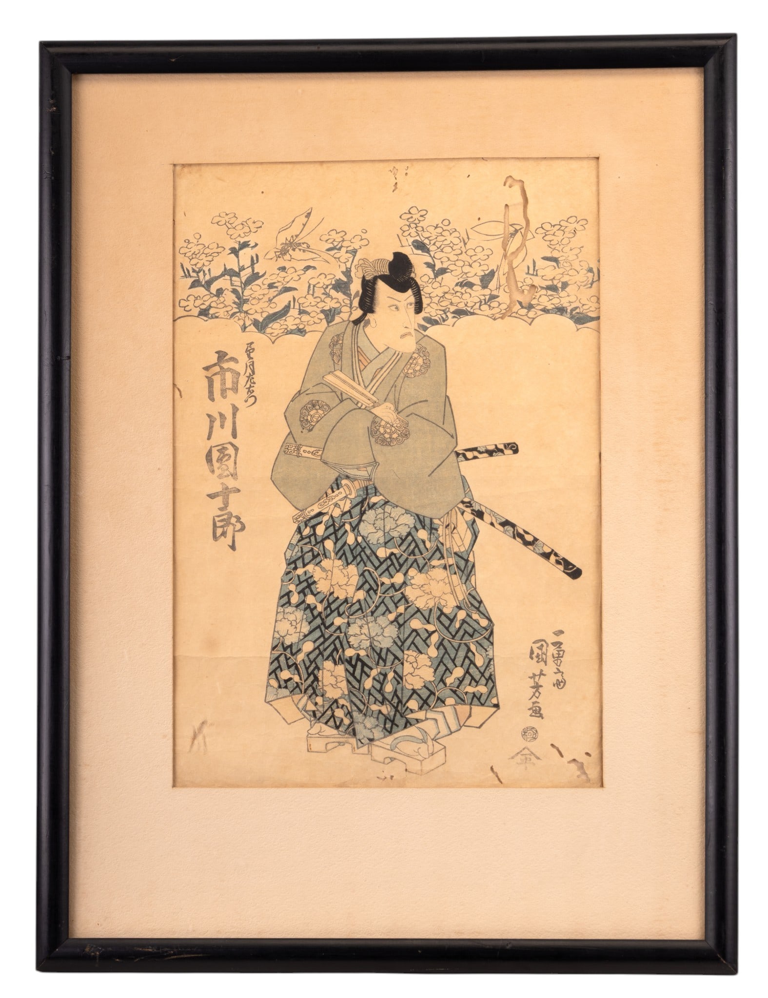 Katsukawa School Kabuki Samurai Woodblock Print: A Kutsukawa school Japanese woodblock print depicting a kabuki portrait of a Samurai in a simple black frame. Possibly c. Edo period. Note some loss in the upper right section. Measures approx. 16.75"