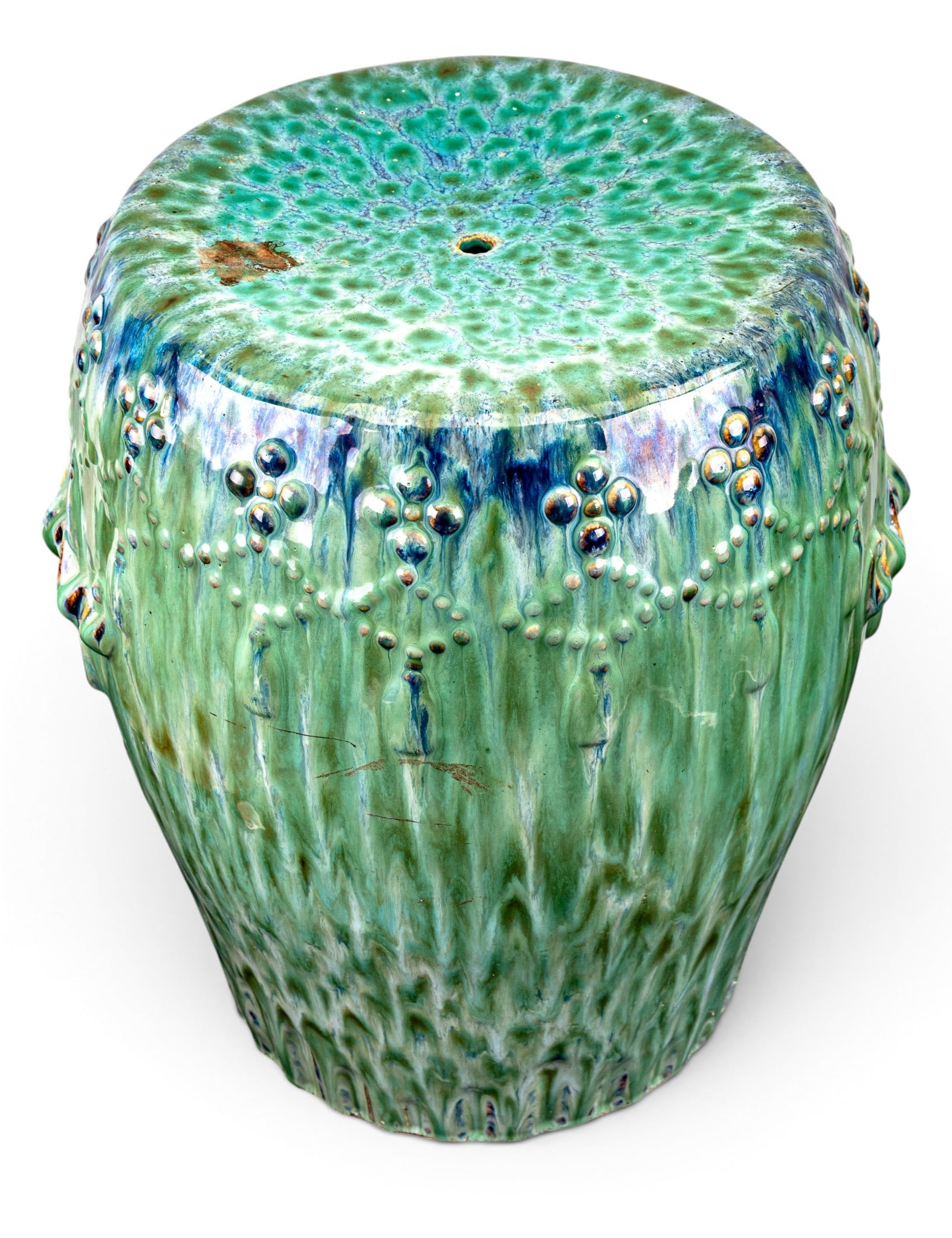 Chinese Majolica Drip Glaze Garden Stool: A Chinese style blue and green Majolica drip glaze garden stool with handles. Marked 'Emissary USA'. Measures approx. 13" diam x 17" H.