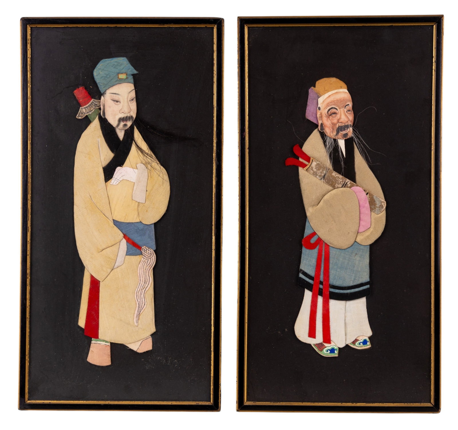 Chinese Padded Silk Framed Immortals: A match pair of framed Chinese padded silk figures depicting two of the eight immortals with natural hair accents. Both frames measure approx. 7.75" W x 14.5" H.