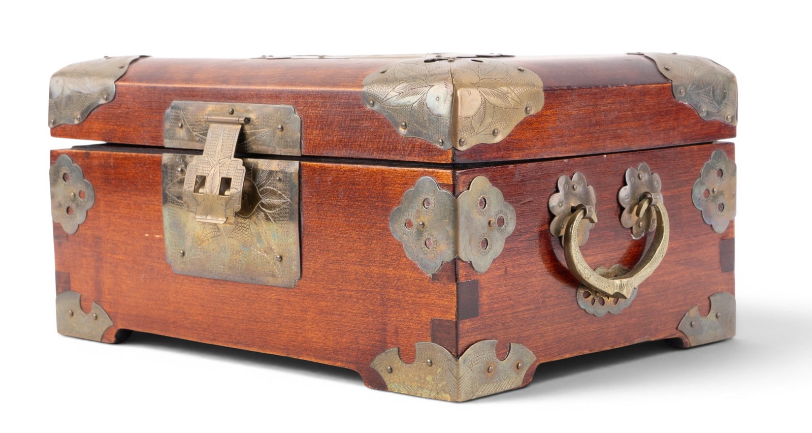 Chinese Wood, Brass, & Jade Jewelry Box: A vintage Chinese wooden jewelry box featuring etched brass details and handles, green silk interior compartments, and a fine jade medallion inlaid on the lid. Measures approx. 9.5" W x 4.5" D x 7" L.