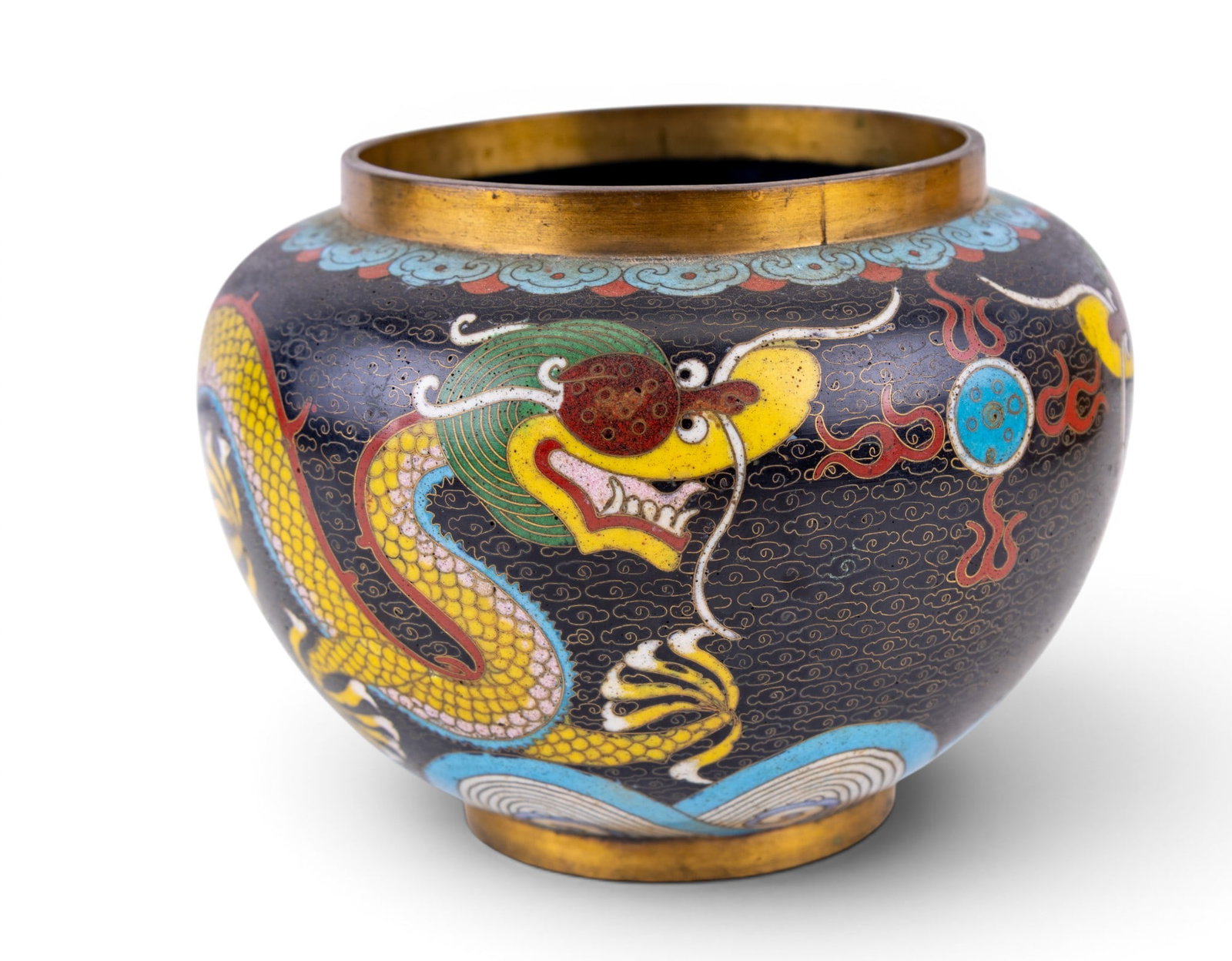 Antique Chinese Dragon Cloisonne Jar: A fine enameled brass Chinese cloisonne jar depicting five-toe dragons, and a cloud and wave motif on a black ground. Measures approx. 6" diam x 4.5" H.