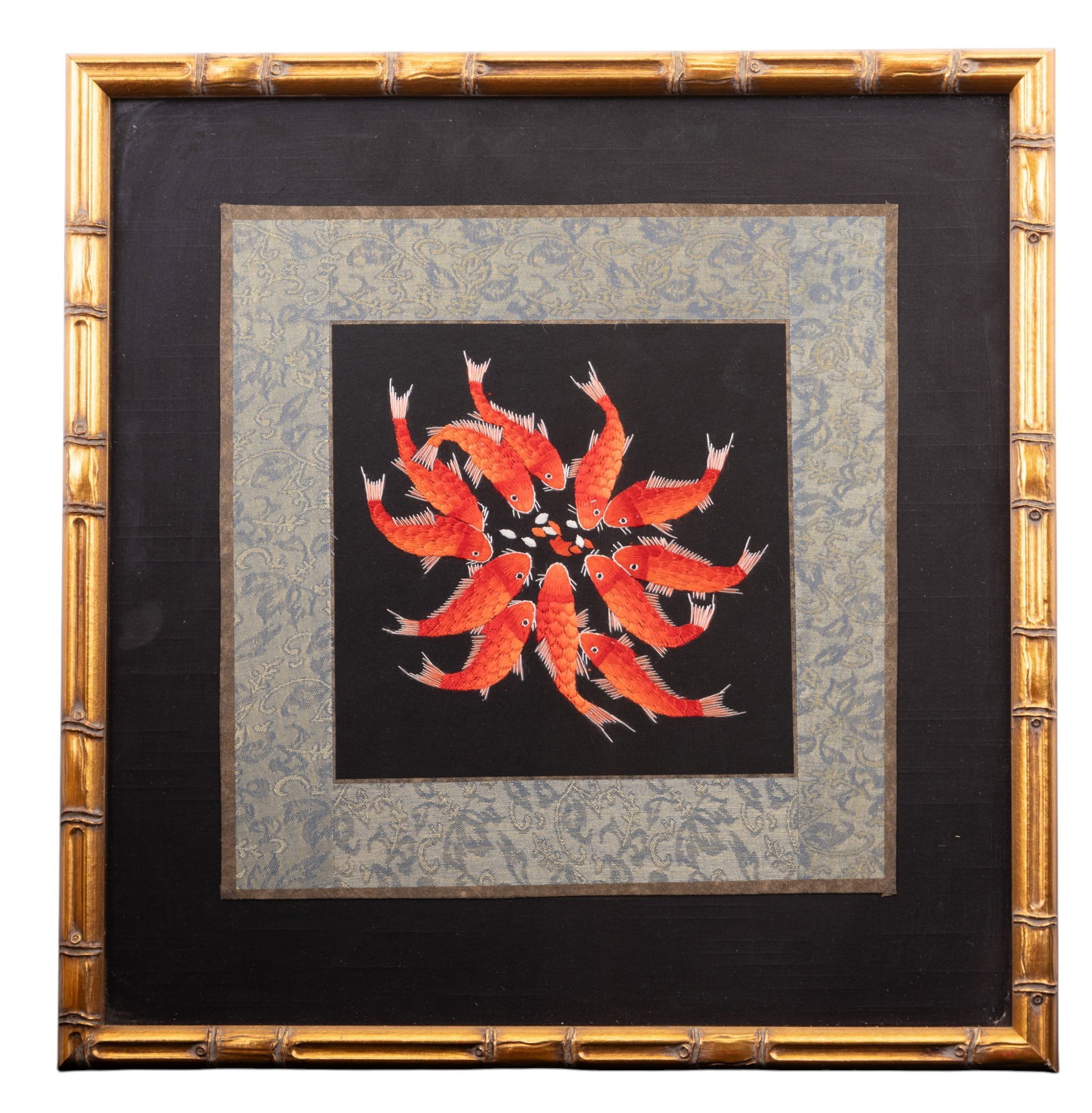 Framed Chinese Carp Embroidered Silk Panel: A hand embroidered Chinese silk panel depicting a school of carp feeding. Professionally framed in a gilt wood bamboo style frame. Measures approx. 16.5" W x 17" H.