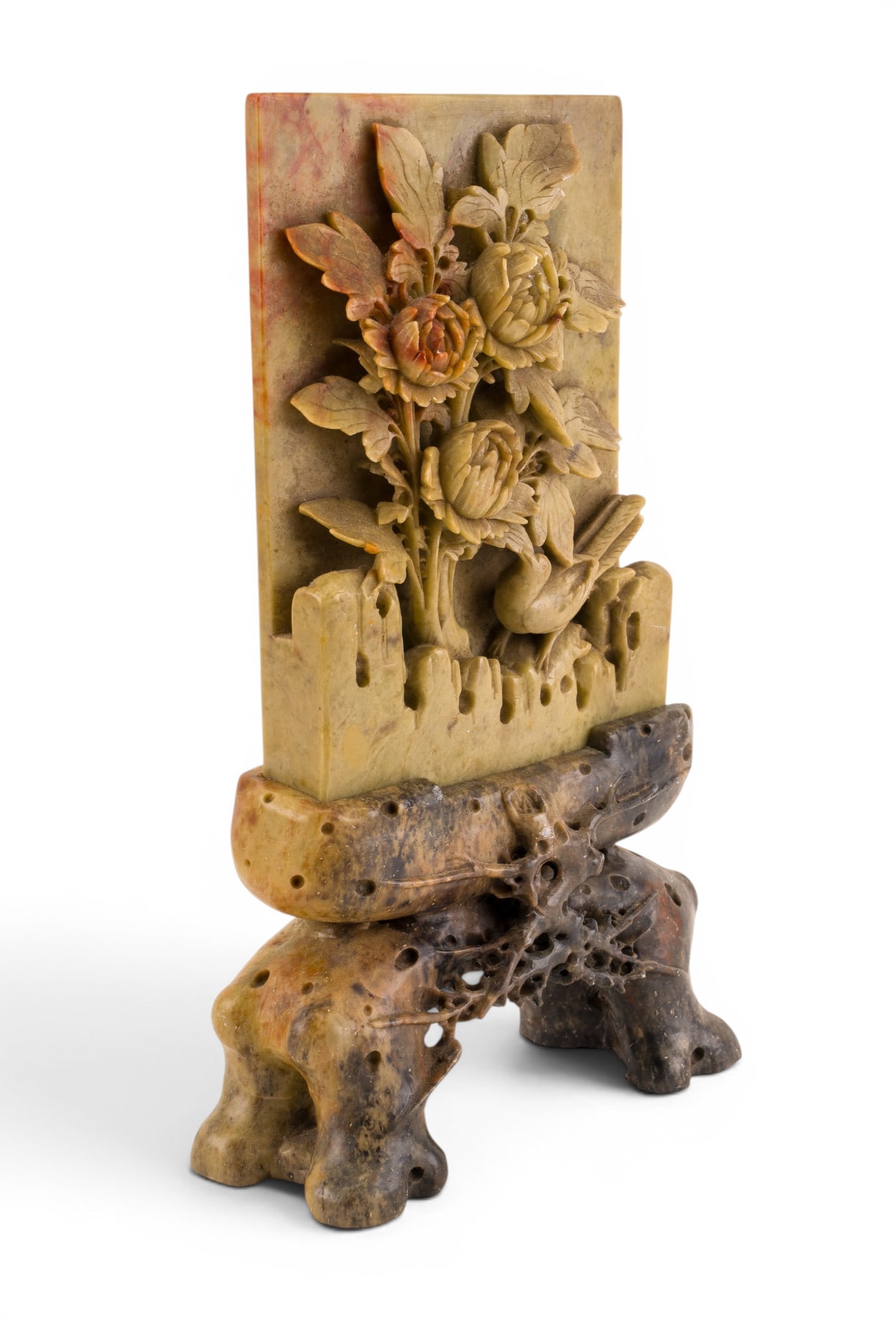 Finely Carved Floral Relief Soapstone Screen: A finely carved soapstone screen panel depicting a relief of flowers and a bird, paired with a carved and reticulated footed soapstone stand. Note some minor loss around the lower left portion of the 