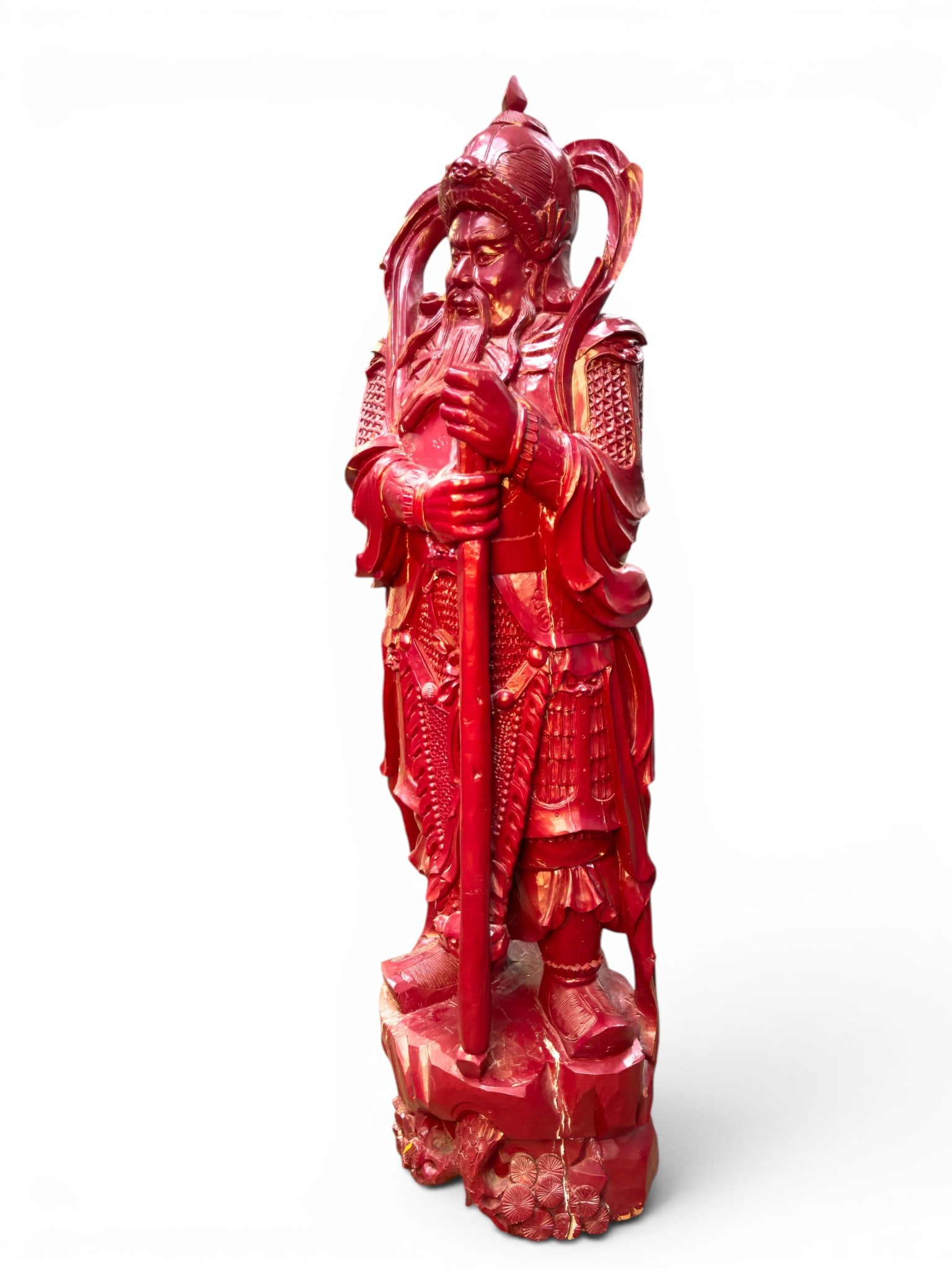 Carved Painted Guan Gong Statue: An over 4' tall Chinese carved (solid) wood statue depicting Guan Gong (Guan Yu). Lacquer painted oxblood red. There are age cracks in the wood. Measures approx. 53" H. Weight is approx. 86lbs. Notice