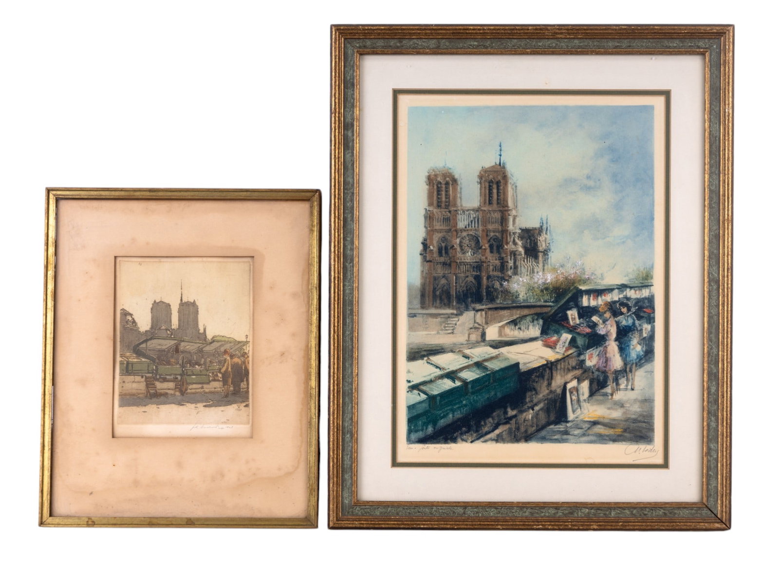 Signed Vintage Prints Notre Dame de Paris: Notre Dame de Paris prints with plate mark. Both appear pencil signed. Smaller shows a 1928 date following signature. Depicting also Bouquinistes of Paris, the historic, independent booksellers operat