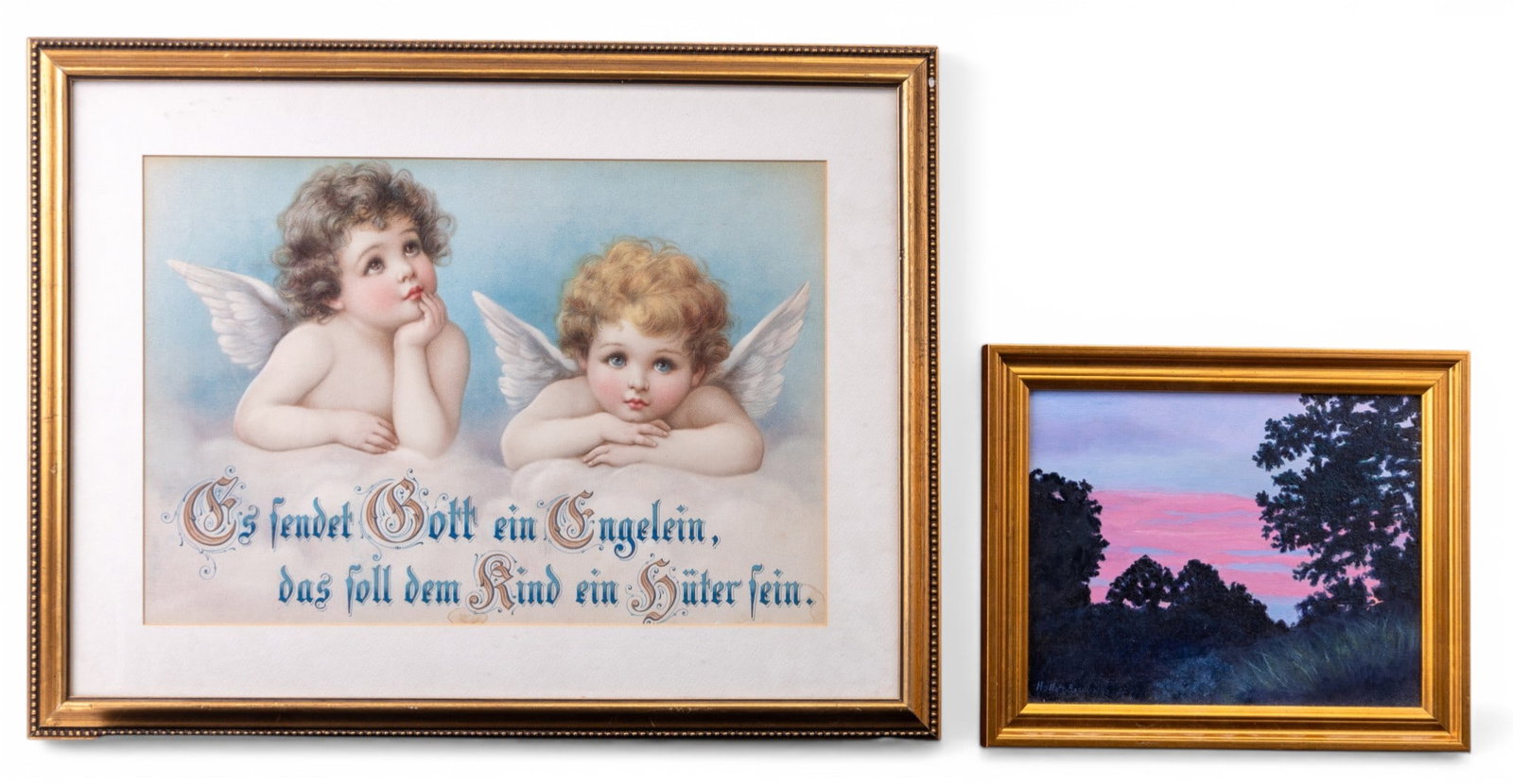 Oil on Canvas Landscape Painting, and German Print: Group includes a contemporary oil on canvas landscape painting, (signed and dated 2005), along with an embossed, German devotional or baptismal print featuring two cherubs with wings and ornate script